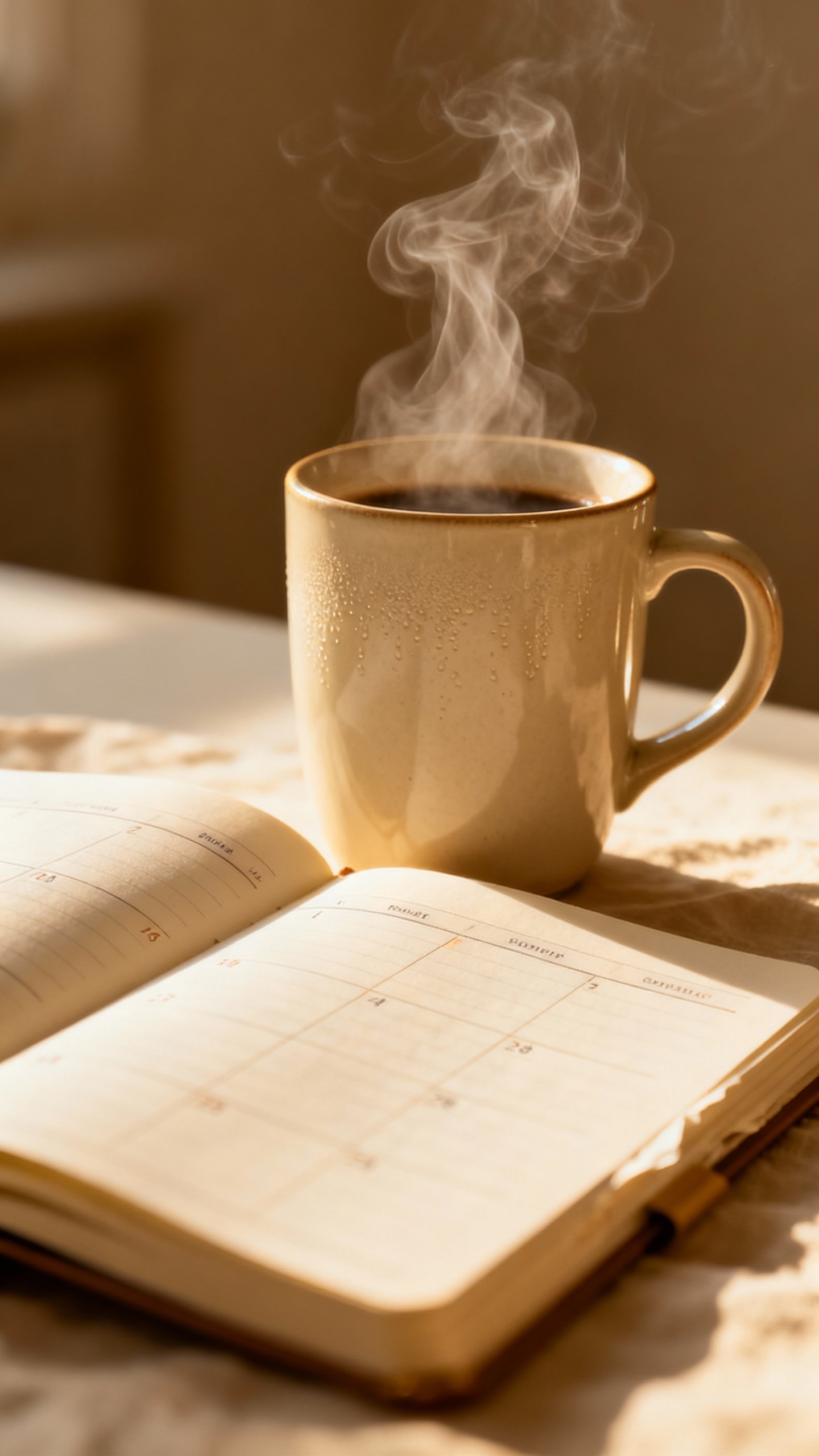 Closeup of steaming coffee mug beside day planner, morning light