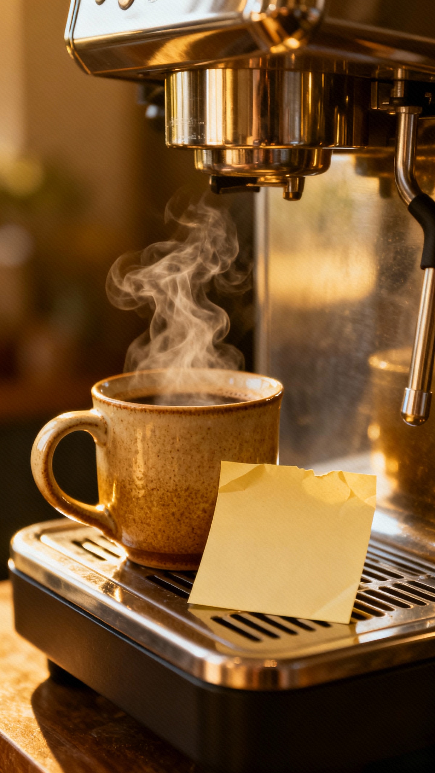 Closeup of steaming coffee mug beside sticky note on stainless coffee maker