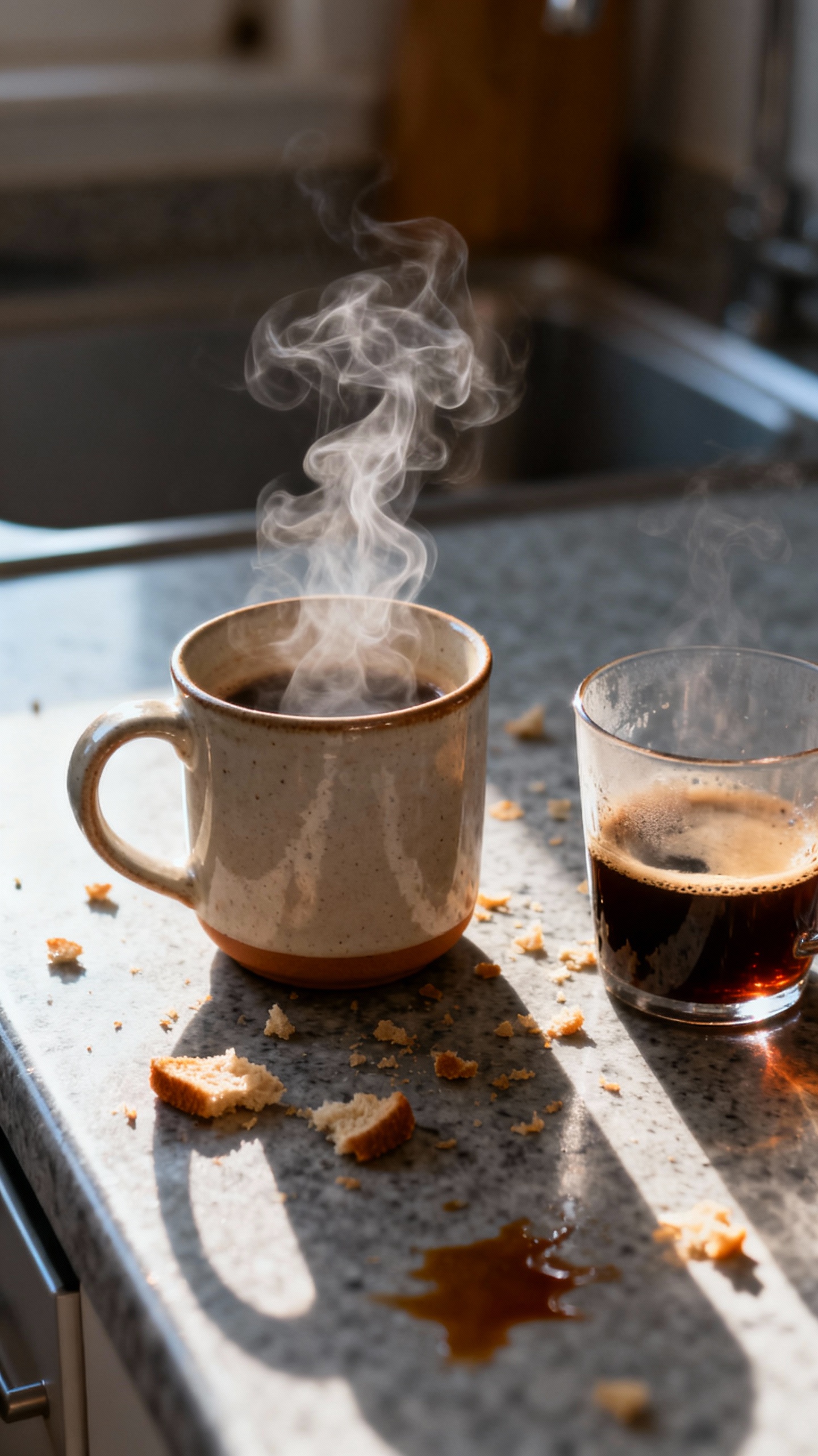 Closeup of steaming mug beside cold half-drunk coffee, crumbed kitchen counter
