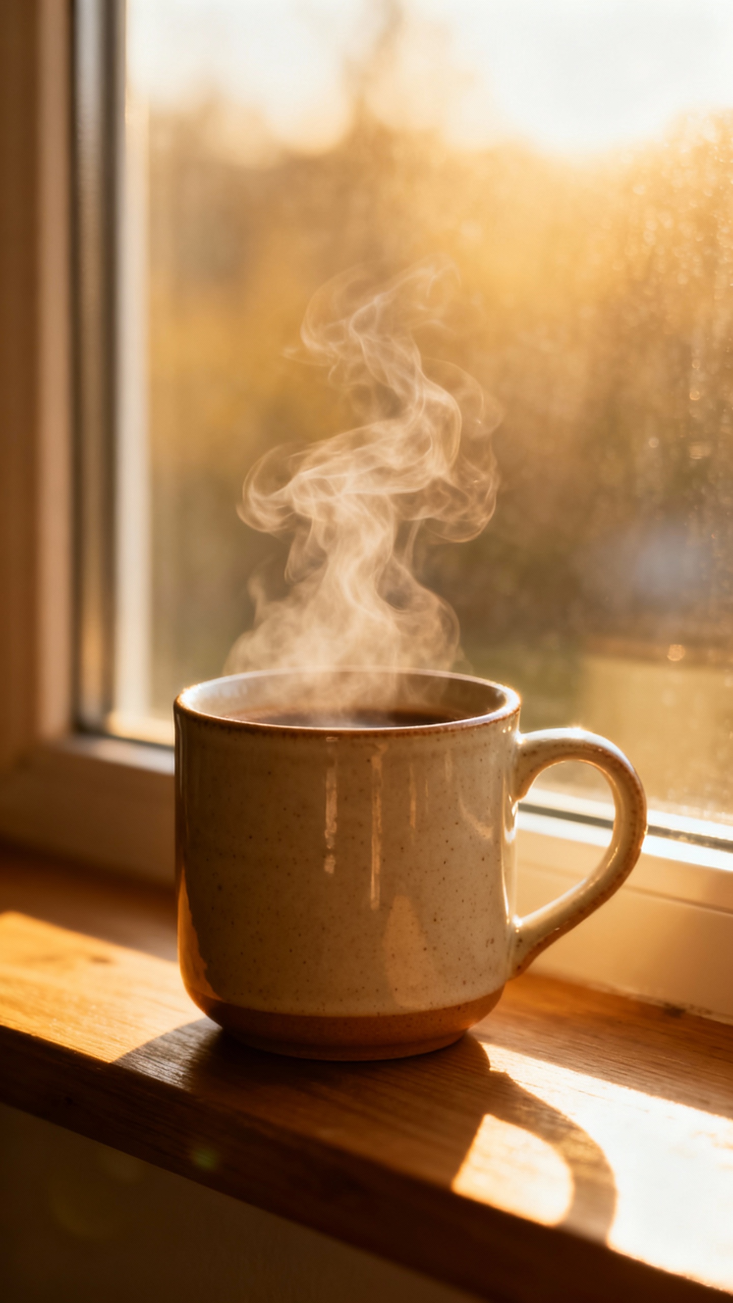 Closeup of steaming mug by sunlit window, warm morning light