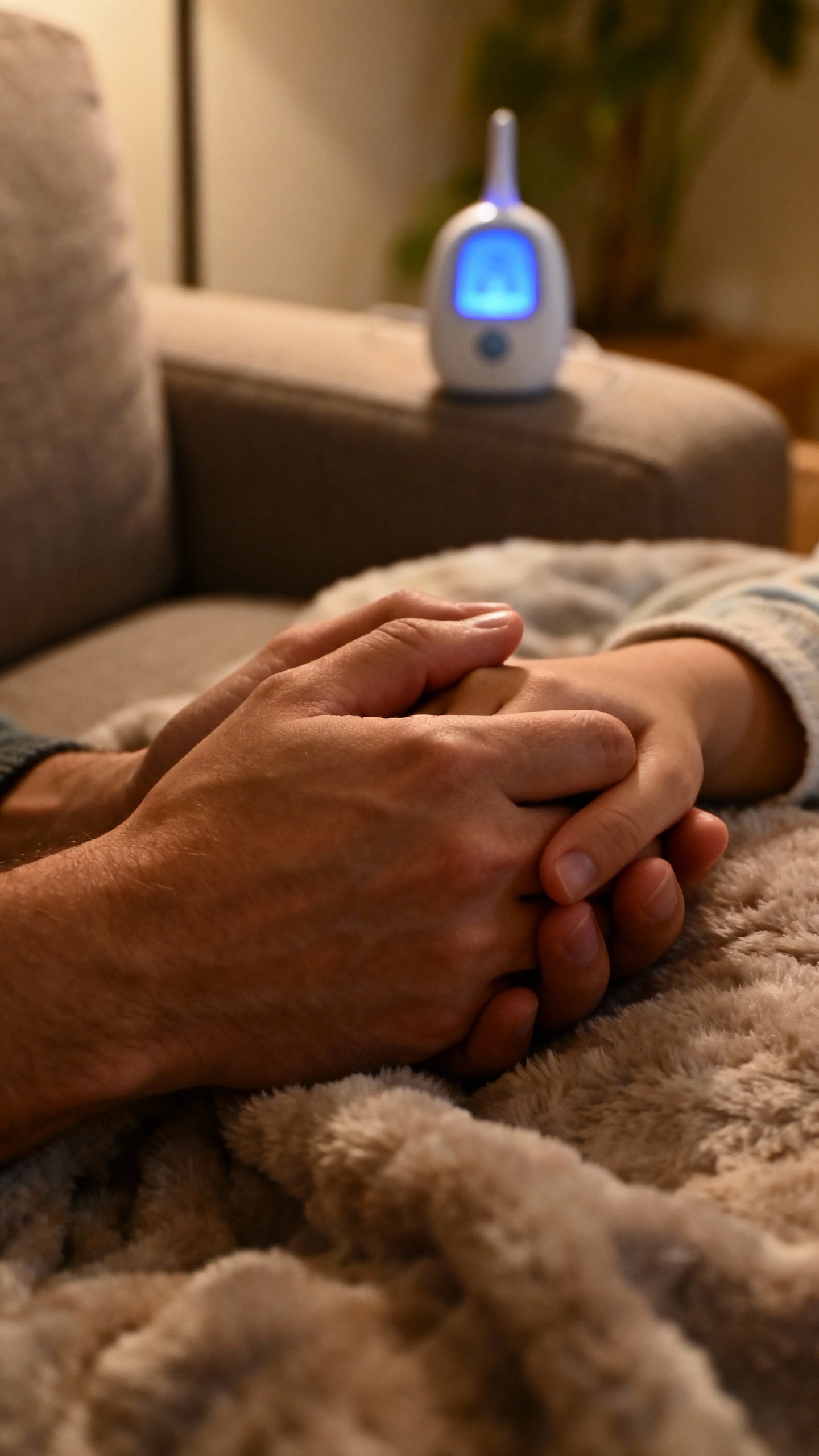 Closeup of two hands squeezing, soft couch, baby monitor glow