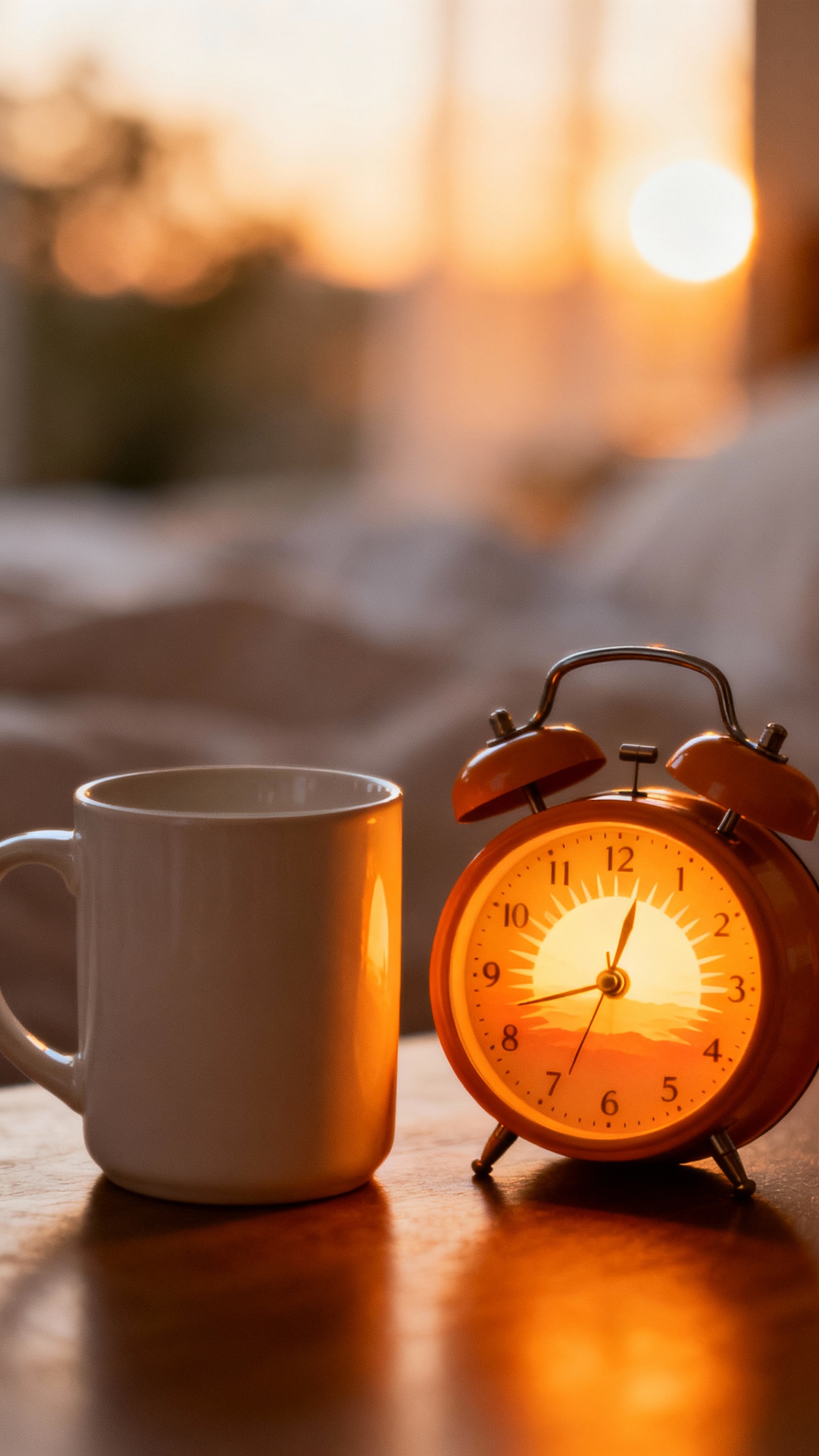 Closeup of warm sunrise alarm clock glowing beside clean ceramic mug