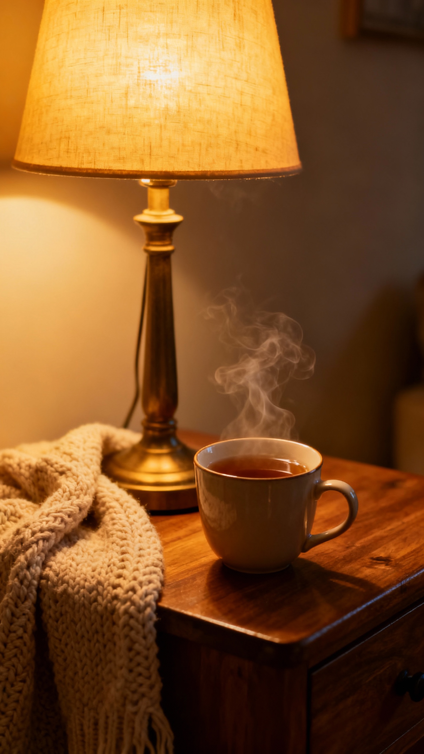 Closeup of warm-toned lamp on wooden side table, soft knit throw, steaming tea, evening glow