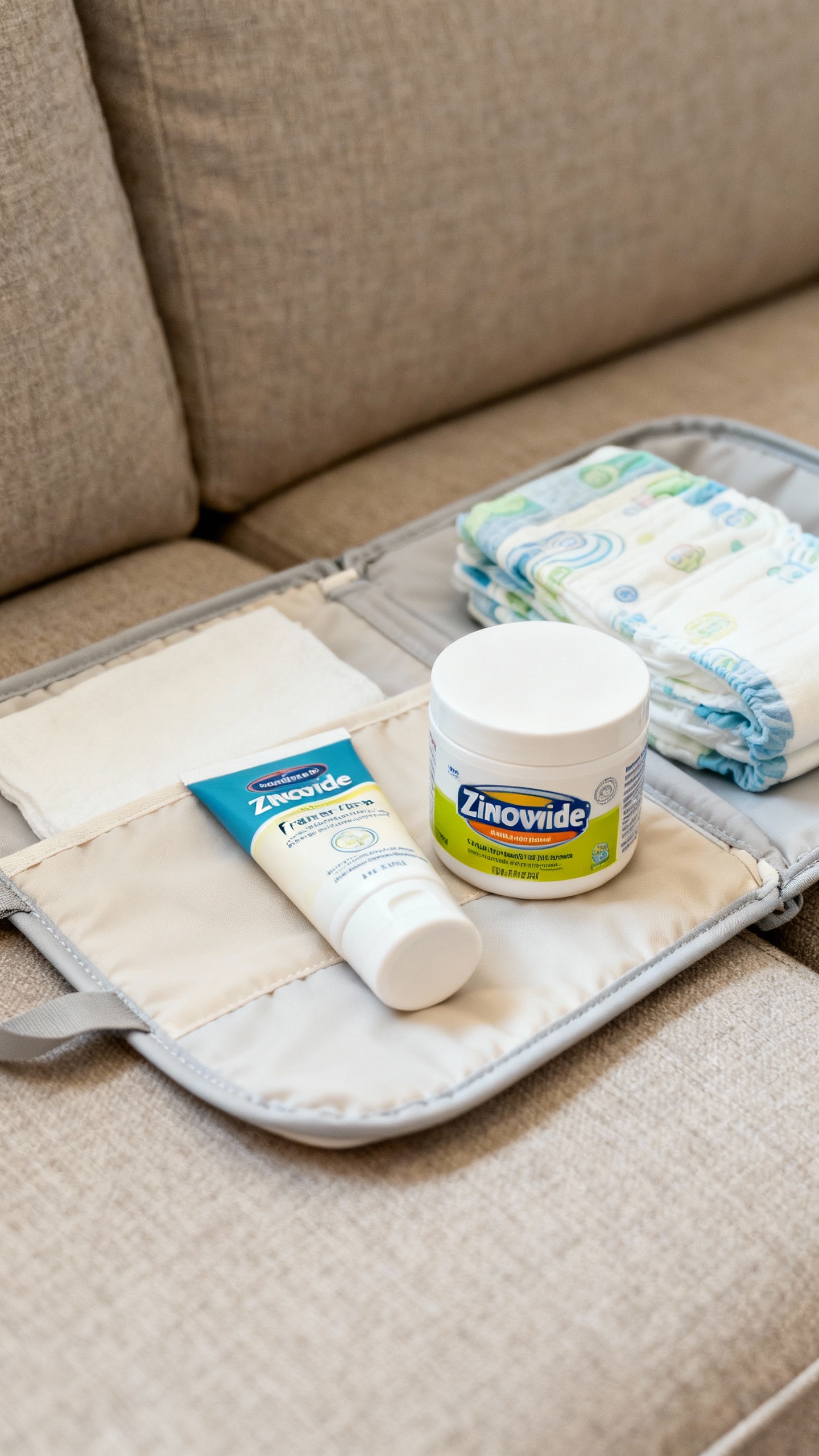 Closeup of wipeable portable changing pad with diapers, zinc-oxide cream, fragrance-free wipes on ne