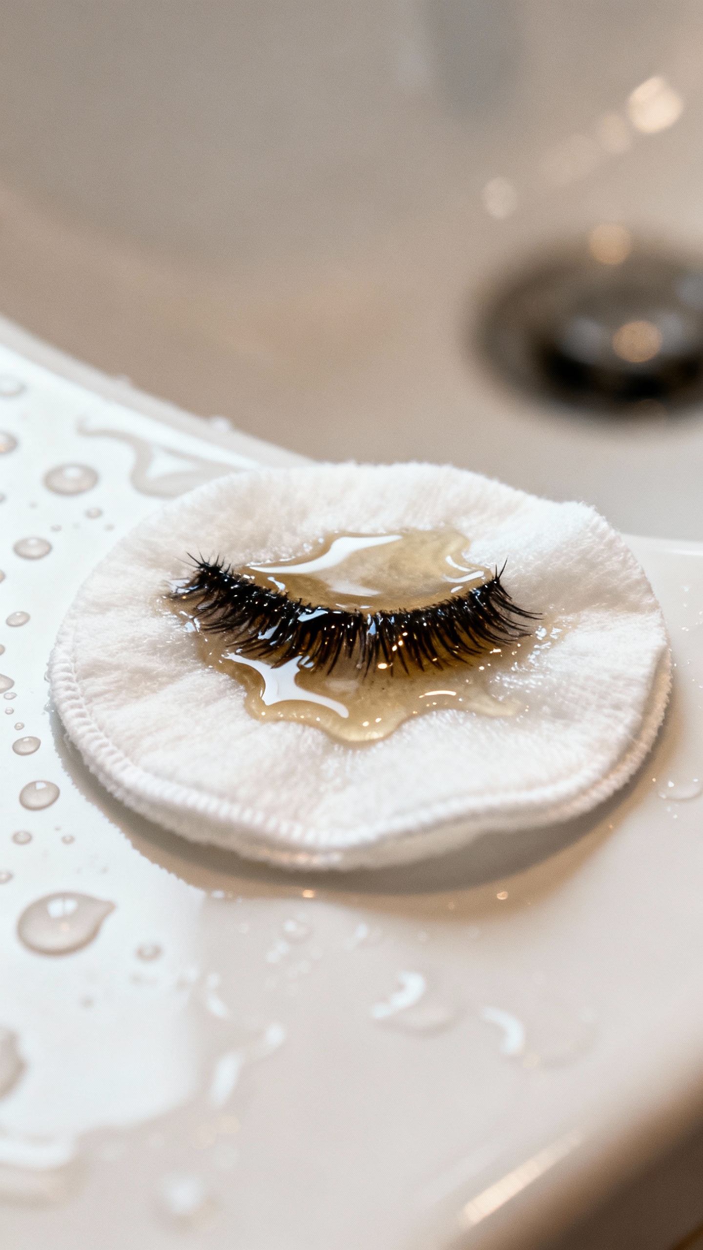 Closeup oily cleanser melting mascara on cotton pad, glossy texture, bathroom sink