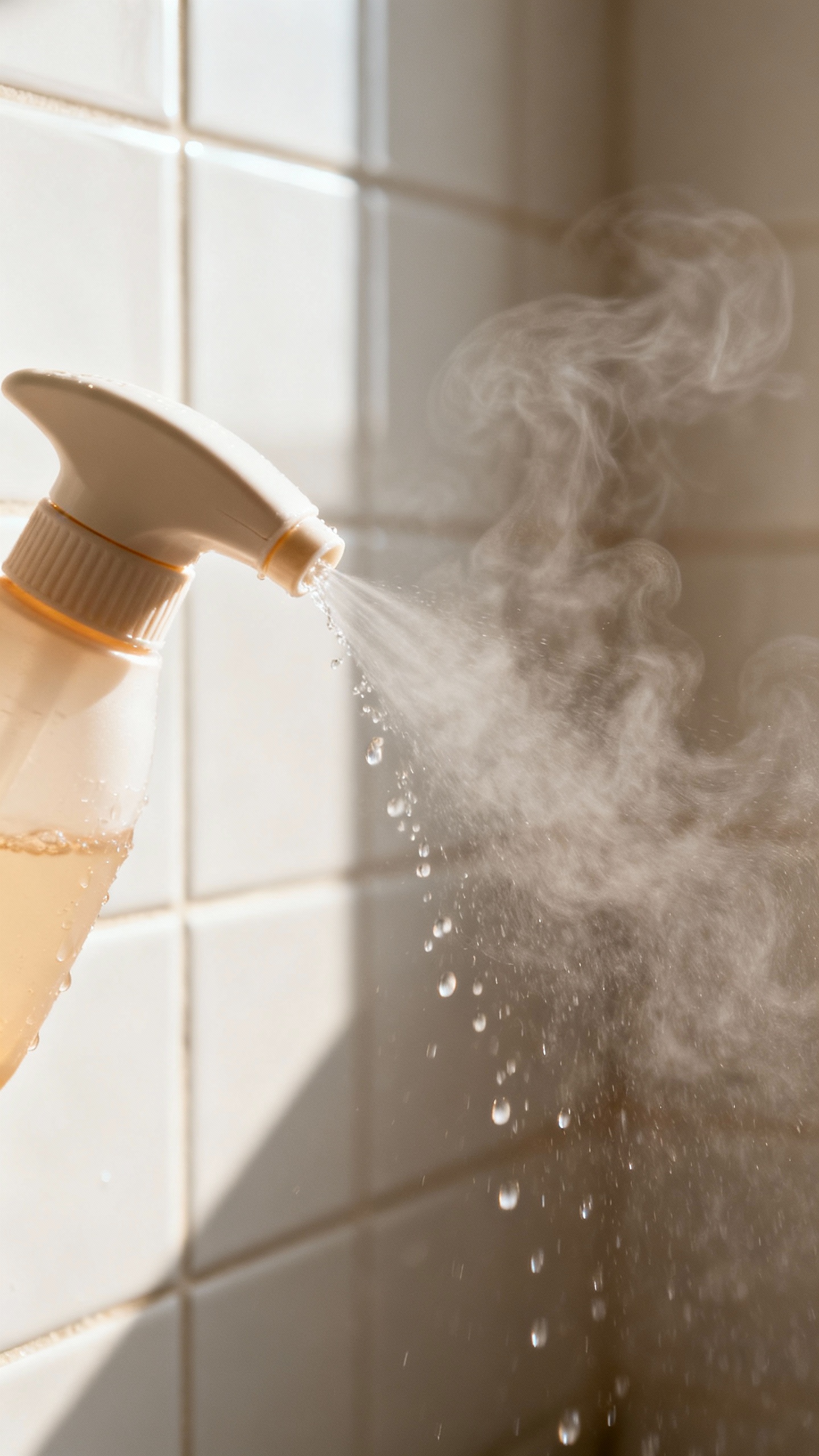 Closeup peri bottle spraying warm water, white tile, steam
