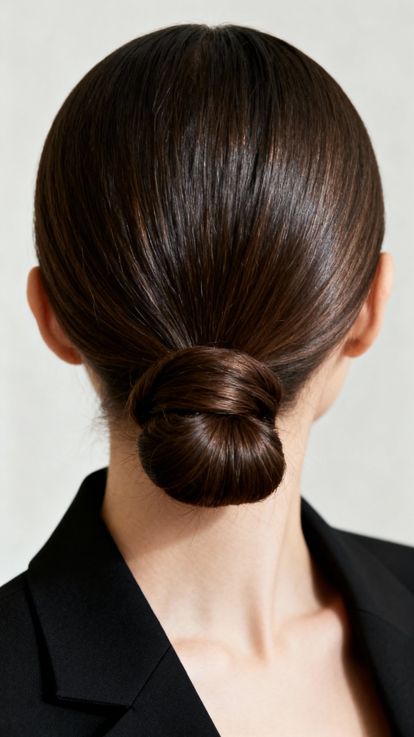 Closeup sleek low bun with defined middle part, black blazer collar