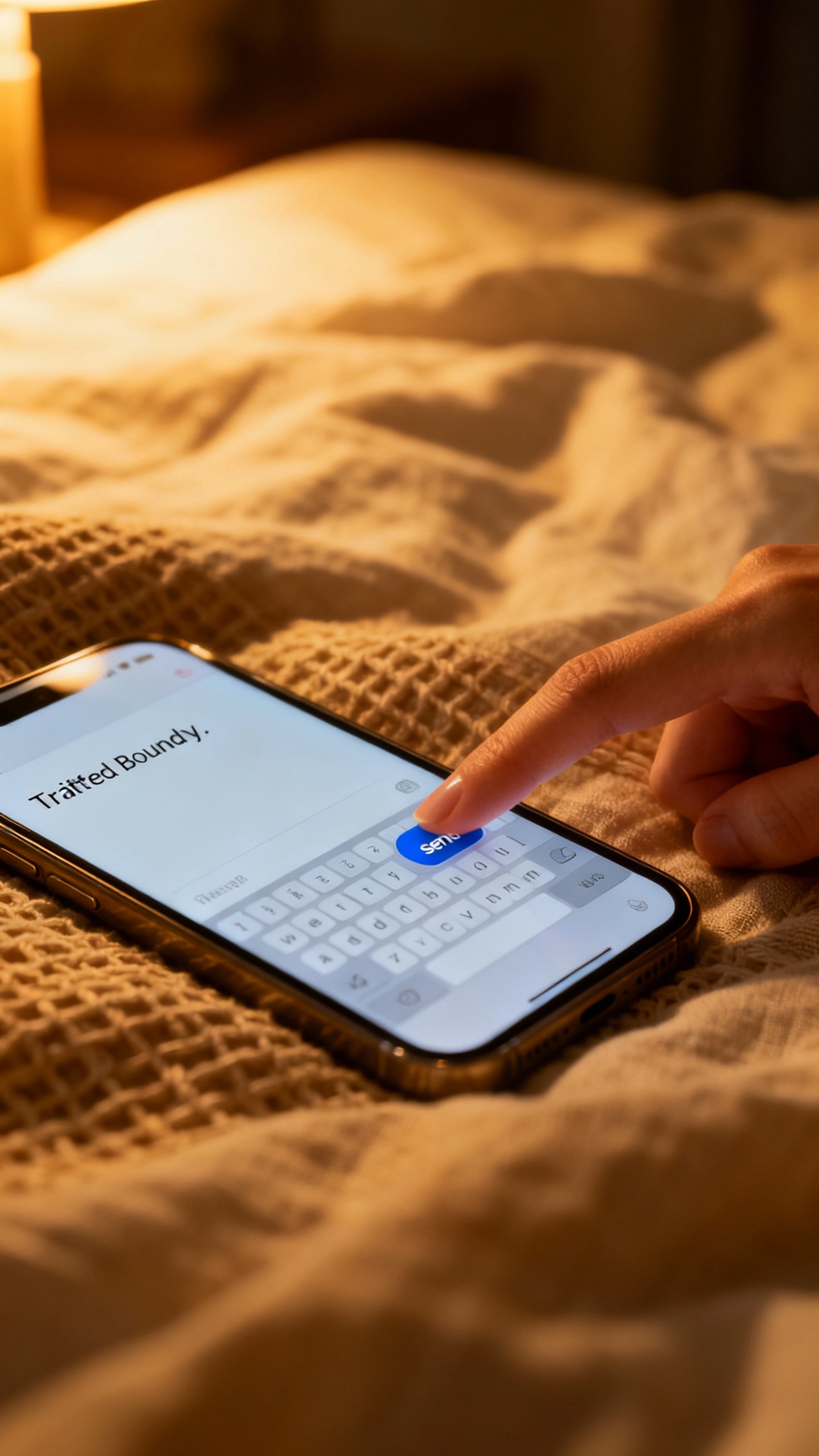 Closeup smartphone screen with drafted boundary text, female thumb hovering send, warm lamplight, li