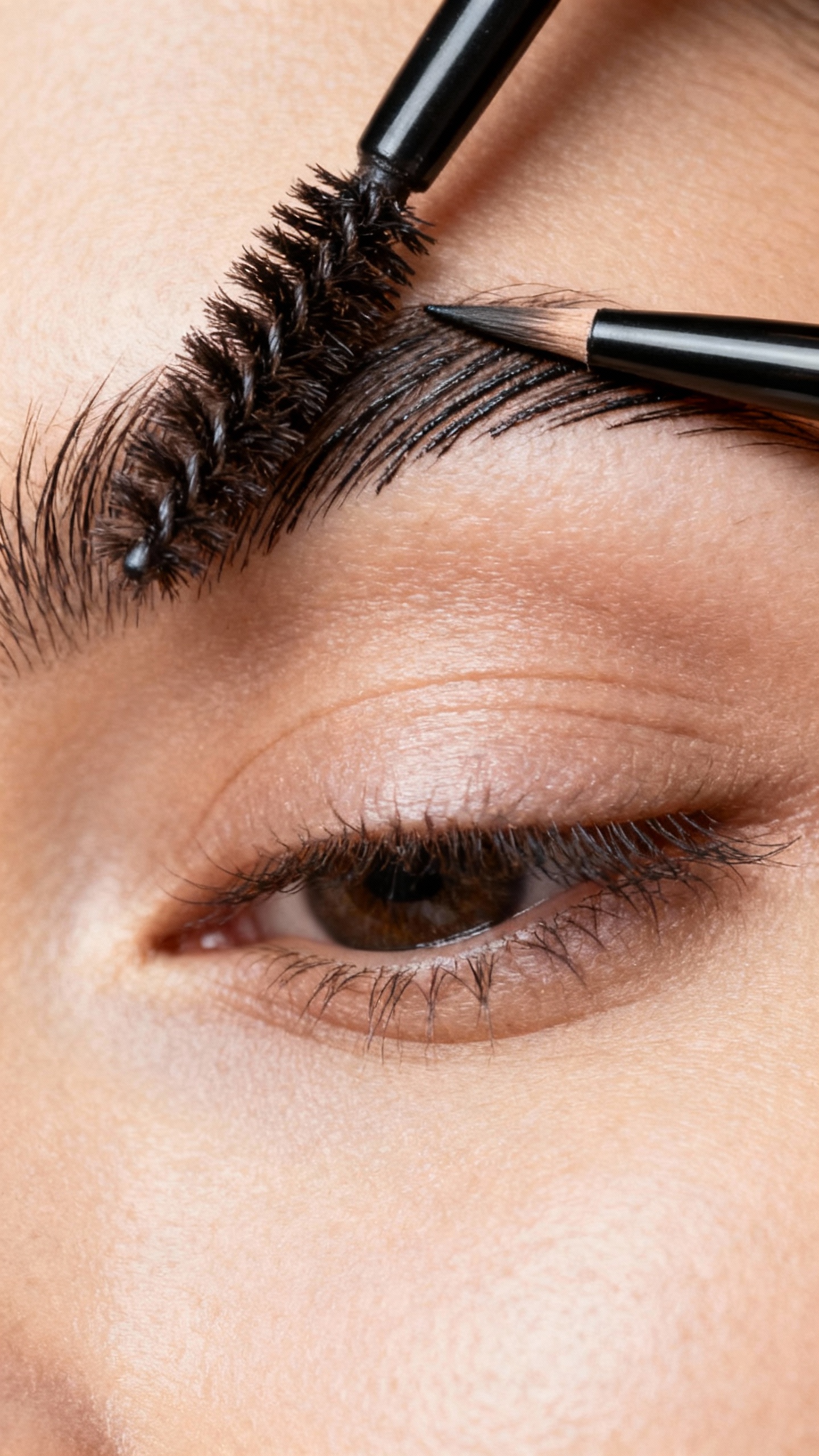 Closeup spoolie brushing fluffy brows, fine pen filling tail