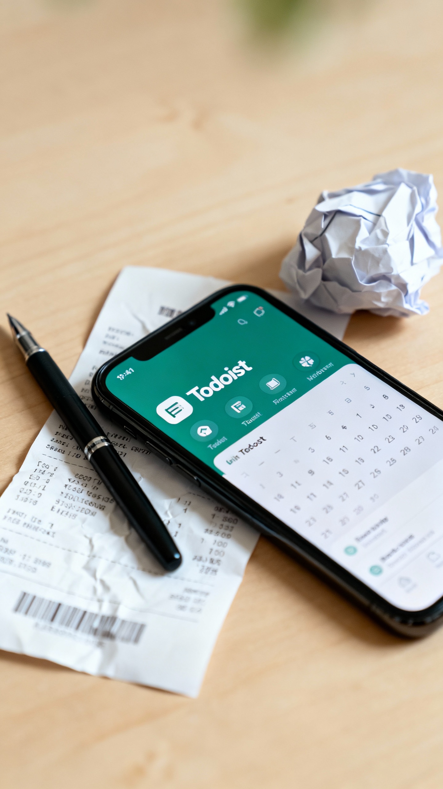 Closeup Todoist app on smartphone beside pen and receipts