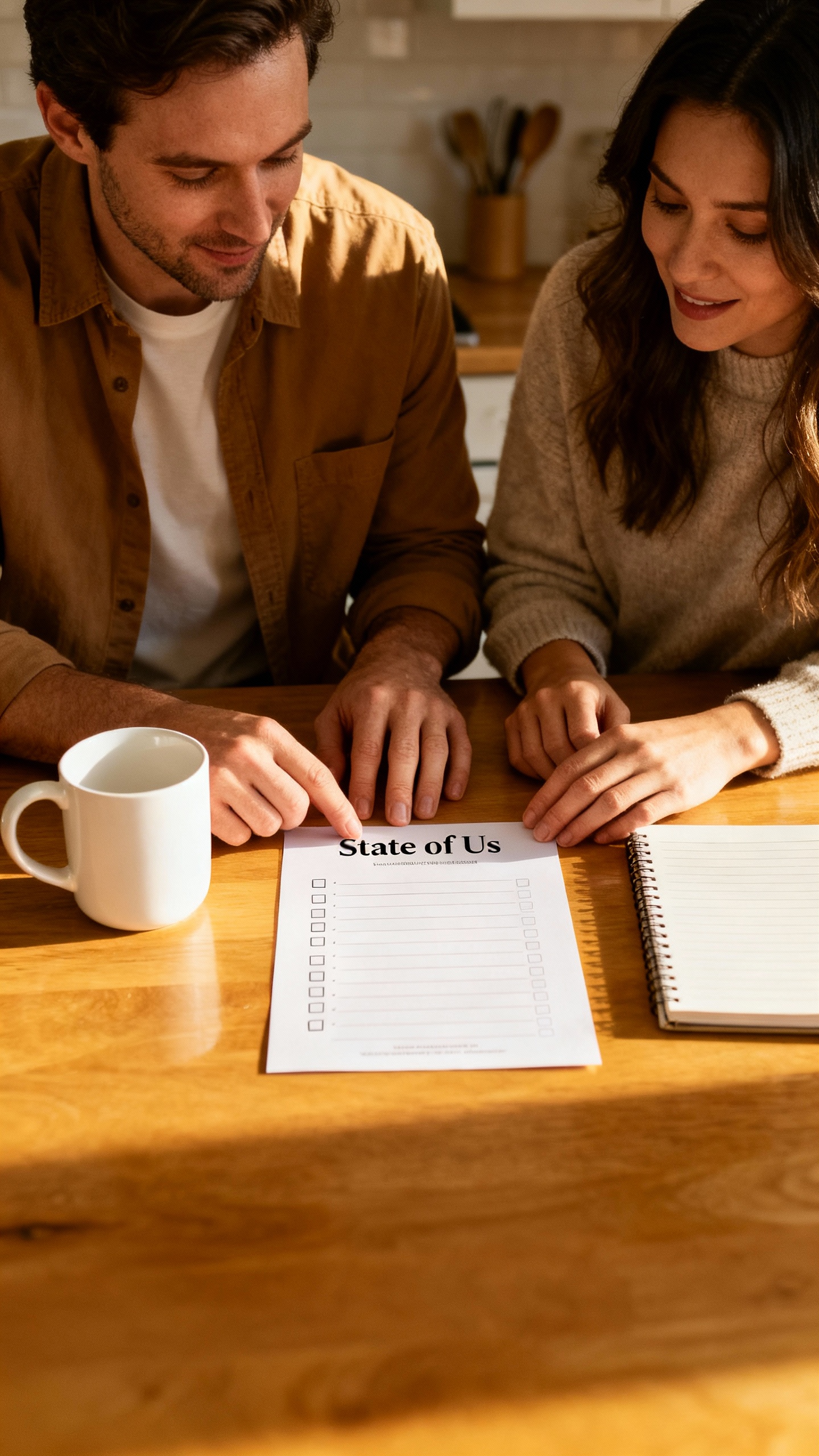 Couple at kitchen table using “State of Us” checklist, mugs and notebook