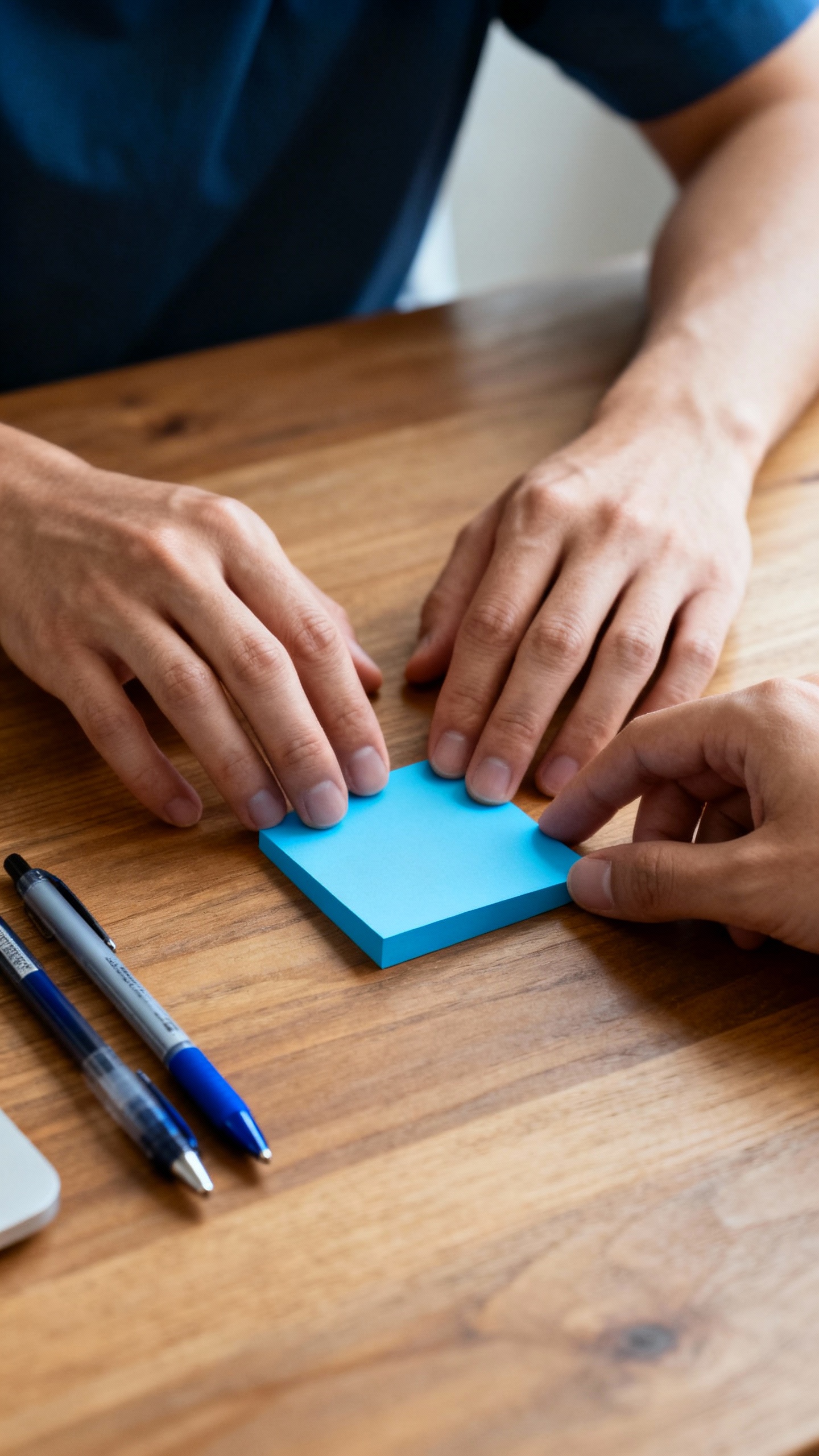 Couple’s hands touching a blue sticky note “impact-feelings-needs” checklist implied, wooden t
