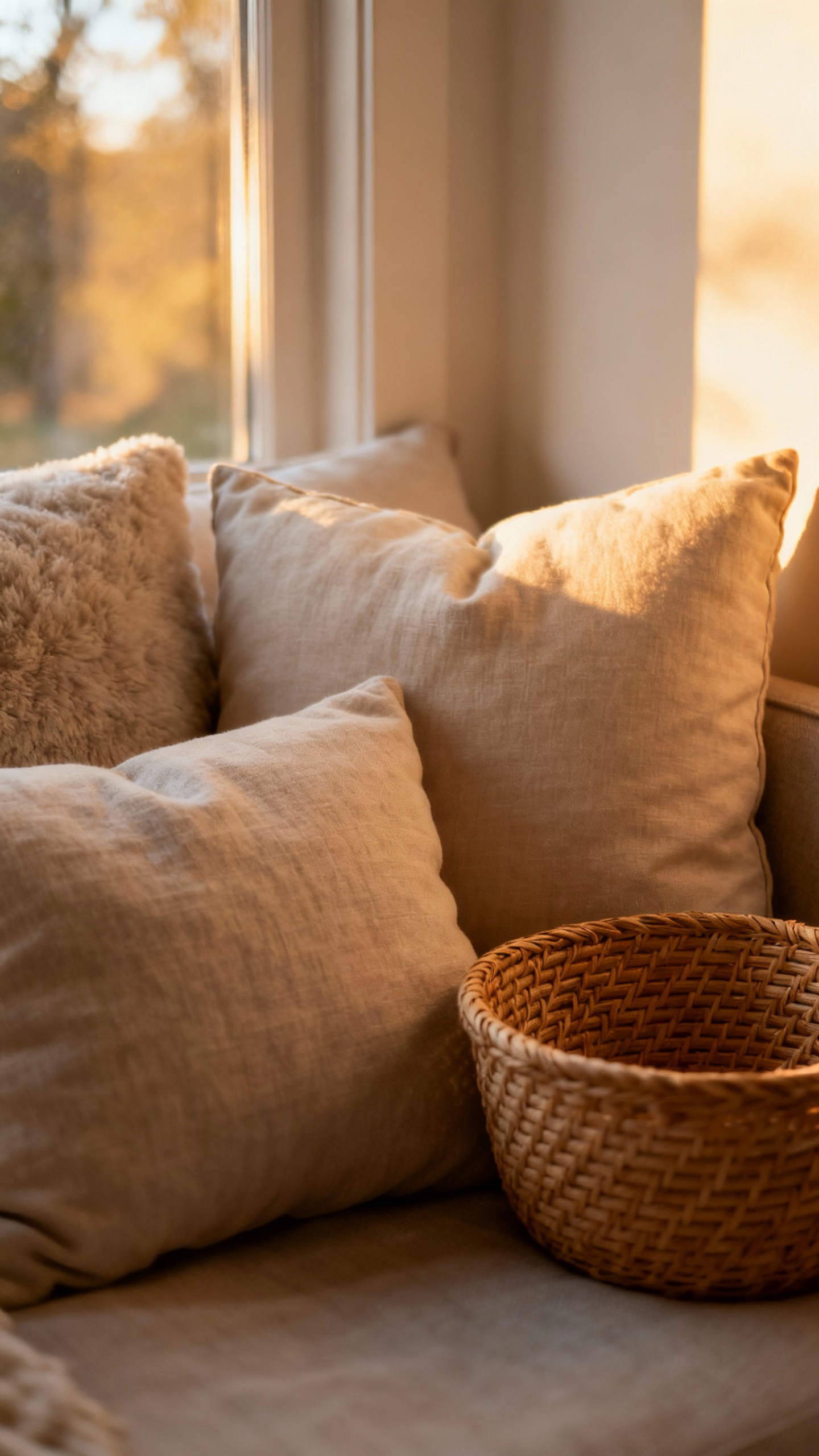 Cozy calm corner pillows and fidget basket, soft textures, sunlight