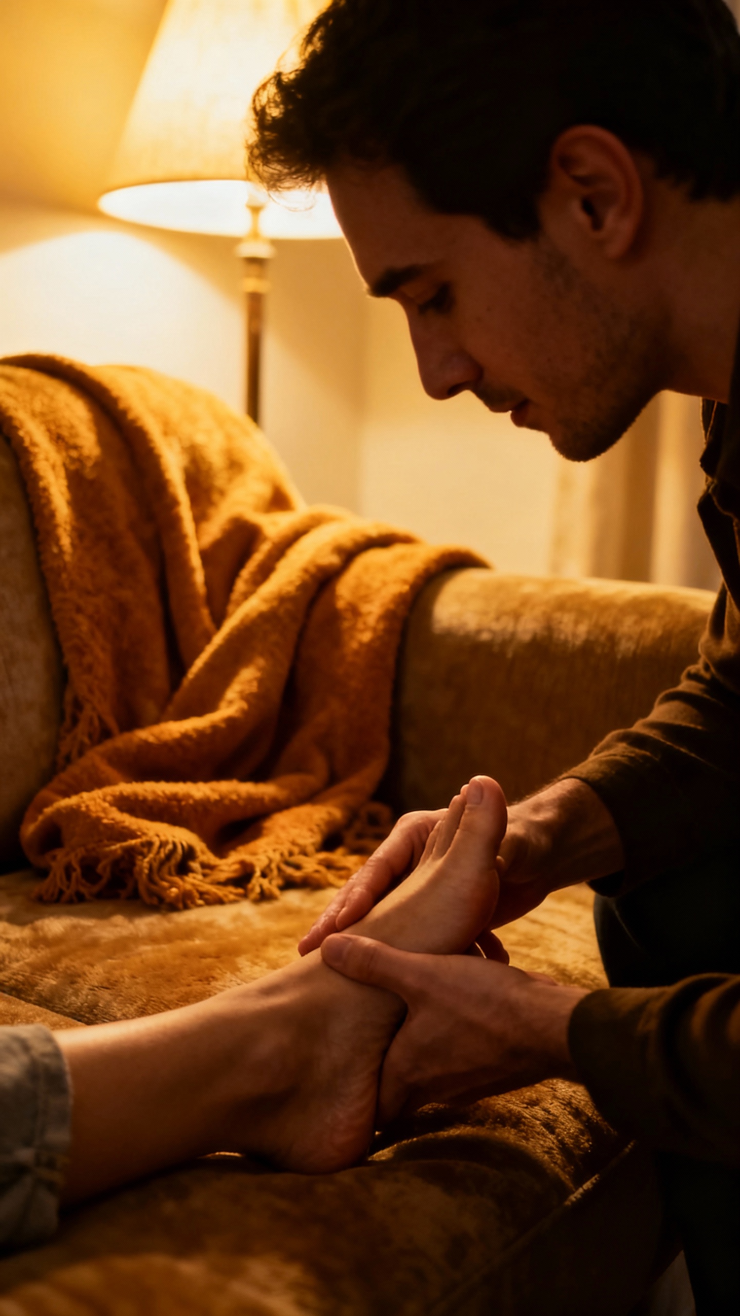 Cozy couch scene, partner offering foot rub, warm blanket, soft lamplight