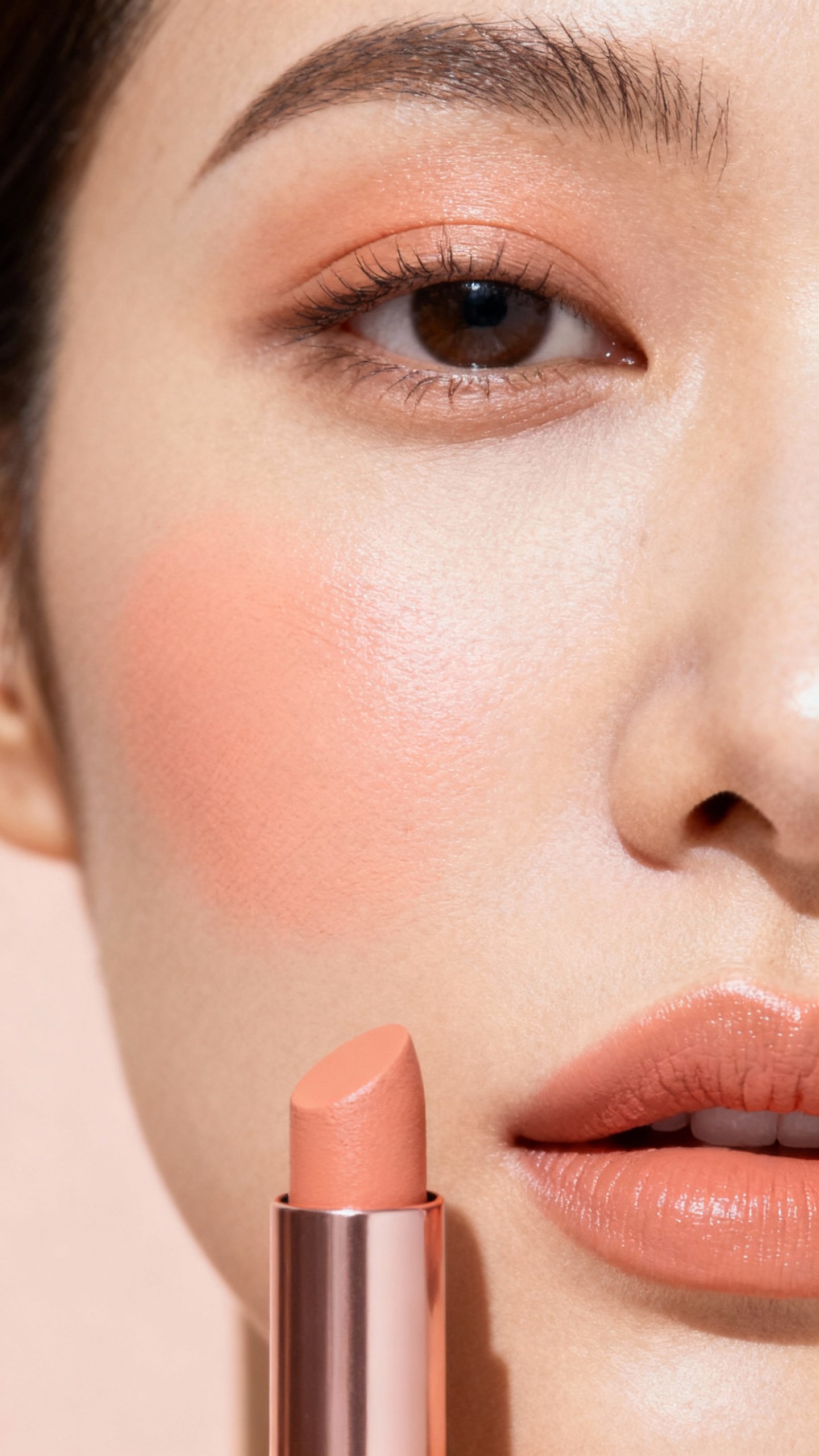 Cream blush stick tapped on cheeks and nose, soft peach shade