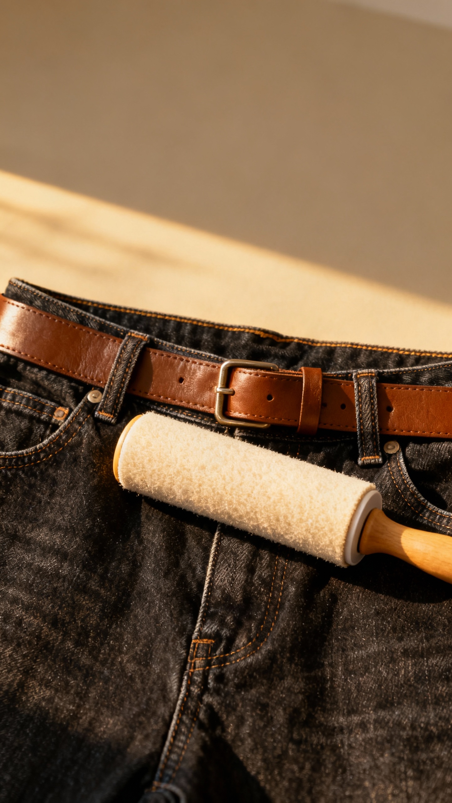 Dark jeans waistband with simple leather belt and lint roller, morning light