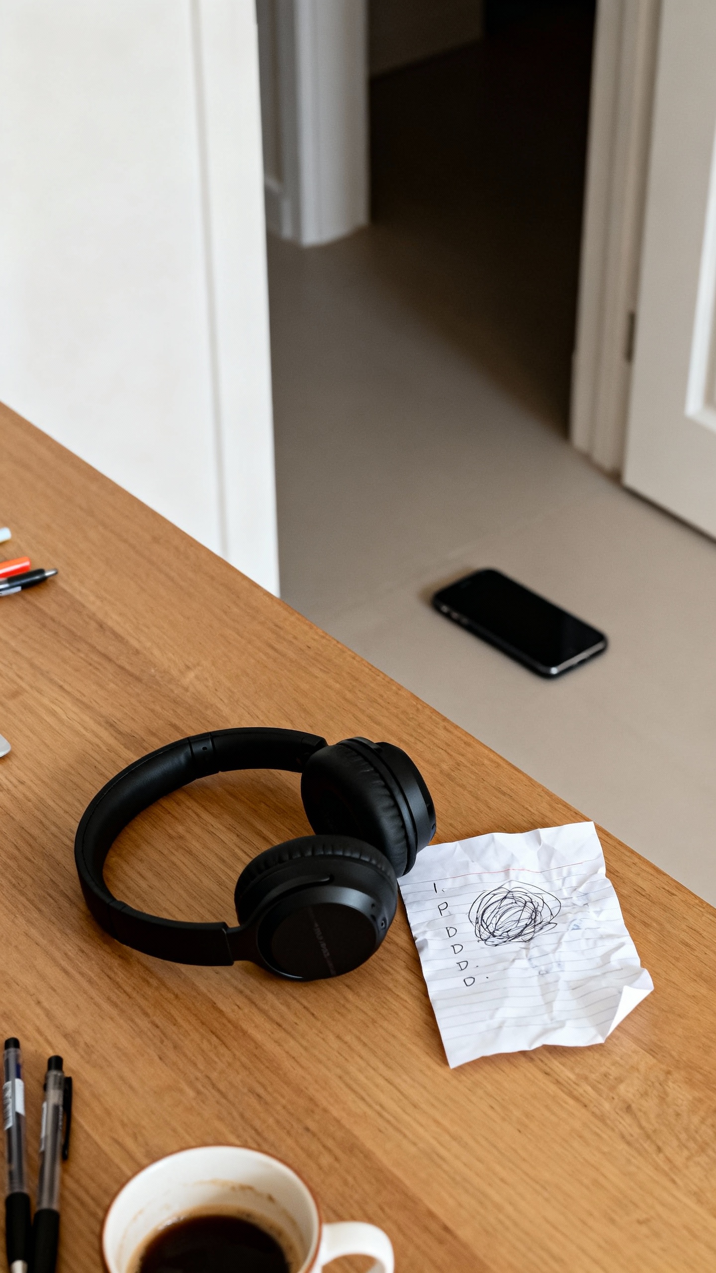 Desk scene: noise-canceling headphones, paper to-do list, phone face down in another room doorway