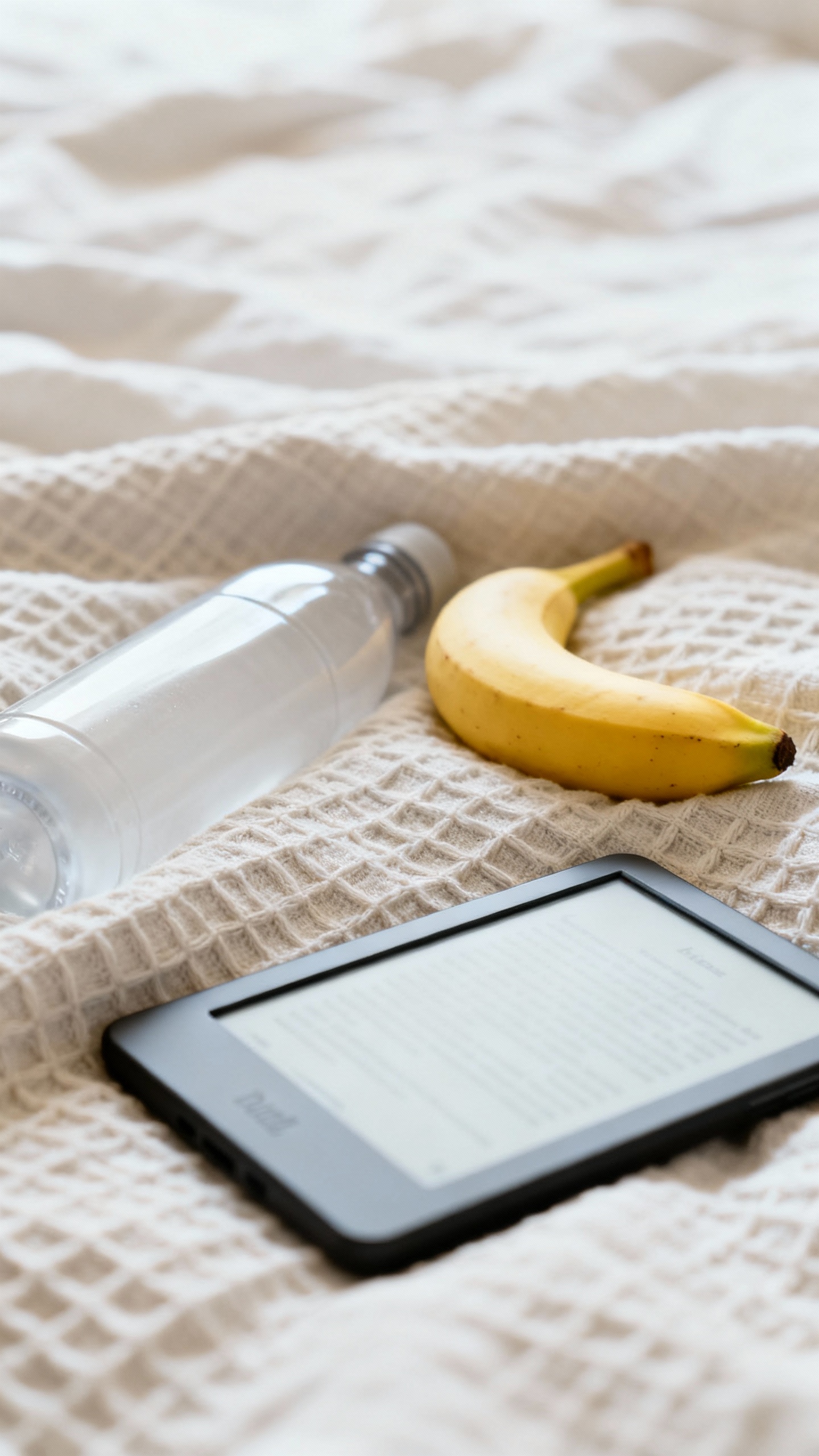 Detail shot bedside setup: water bottle, banana, e-ink reader on linen sheet
