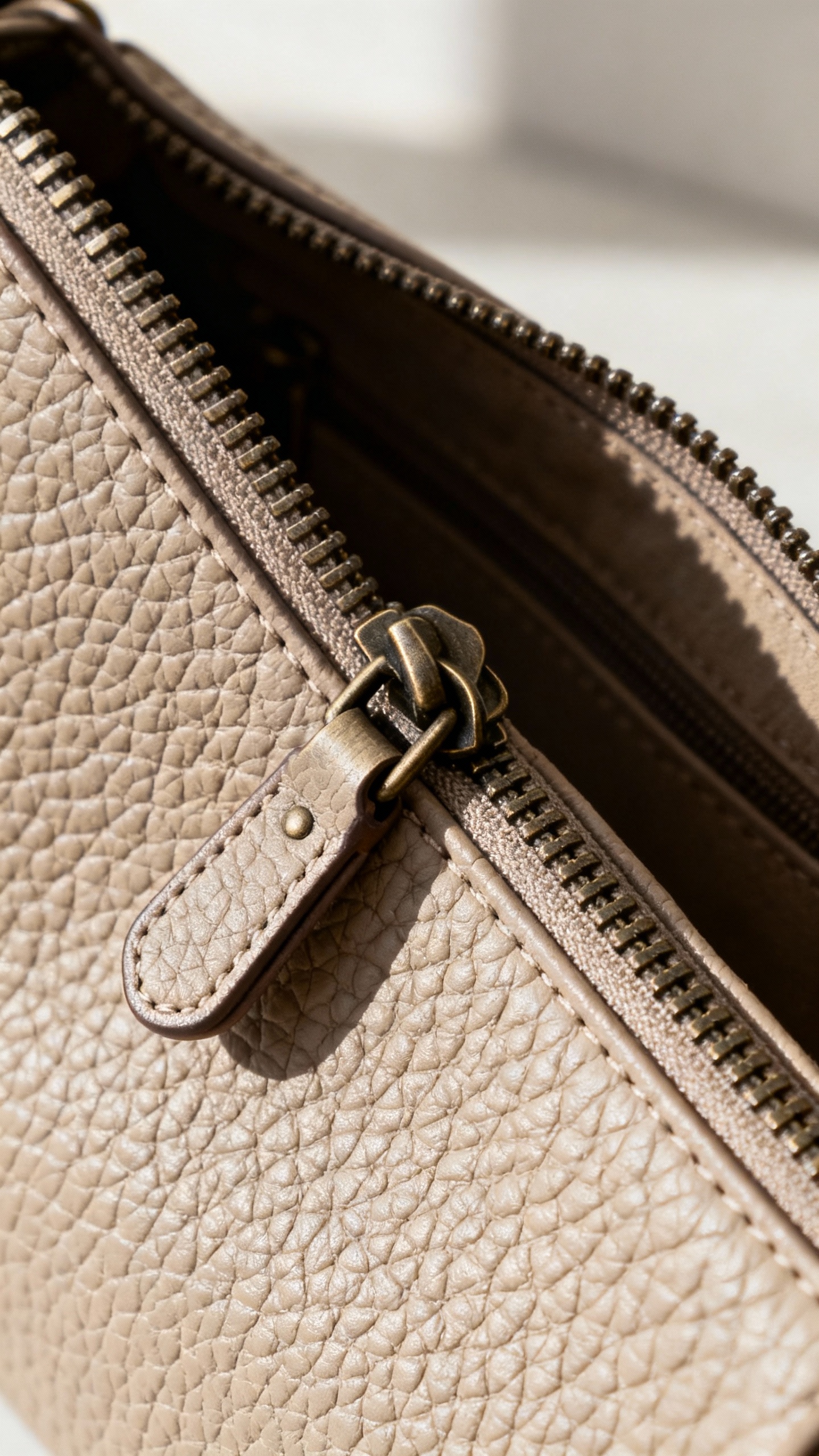 Detail shot of pebbled faux leather crossbody, brushed metal zipper