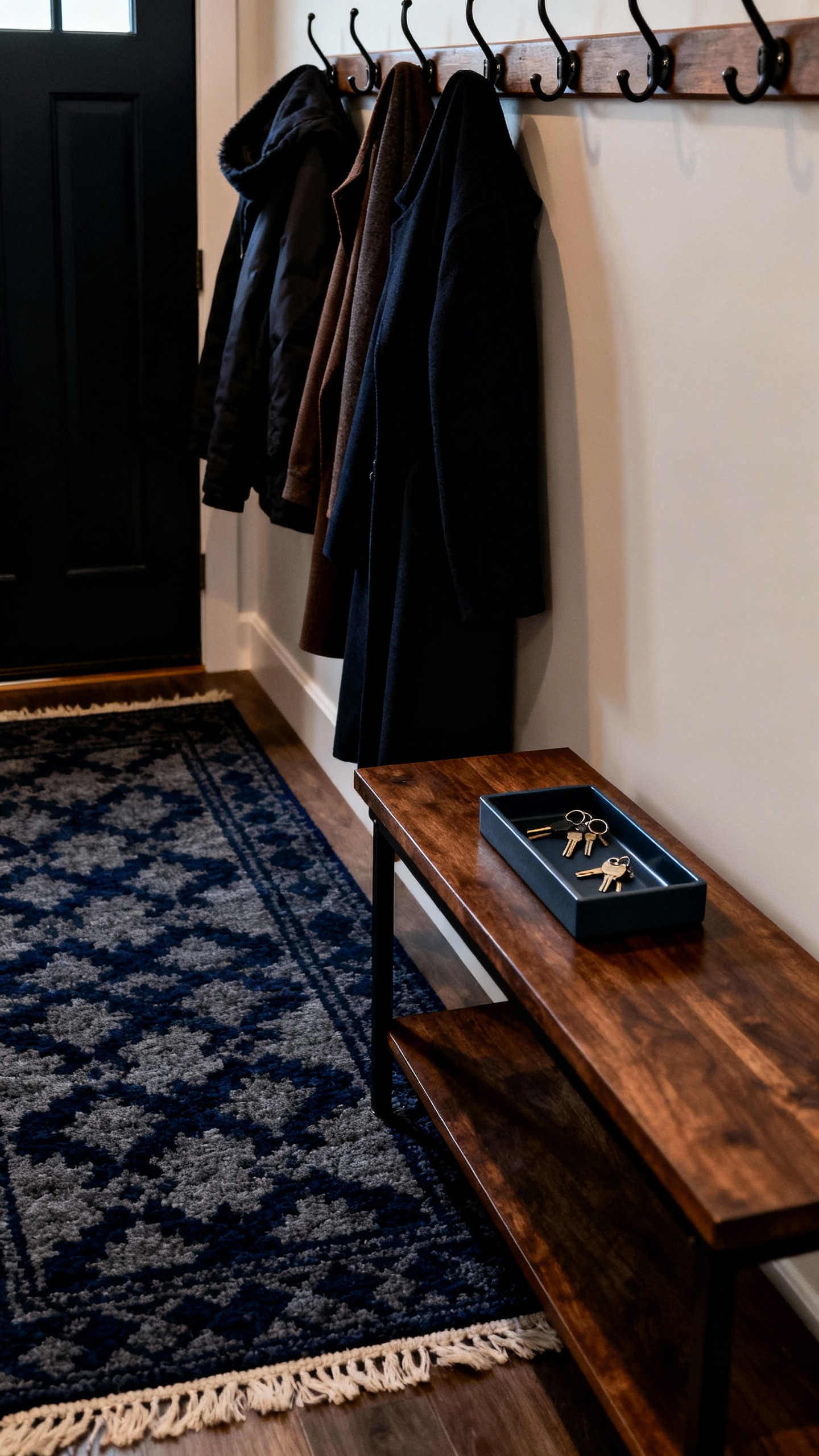 Entryway runner rug, dark tones, hooks with coats, key tray