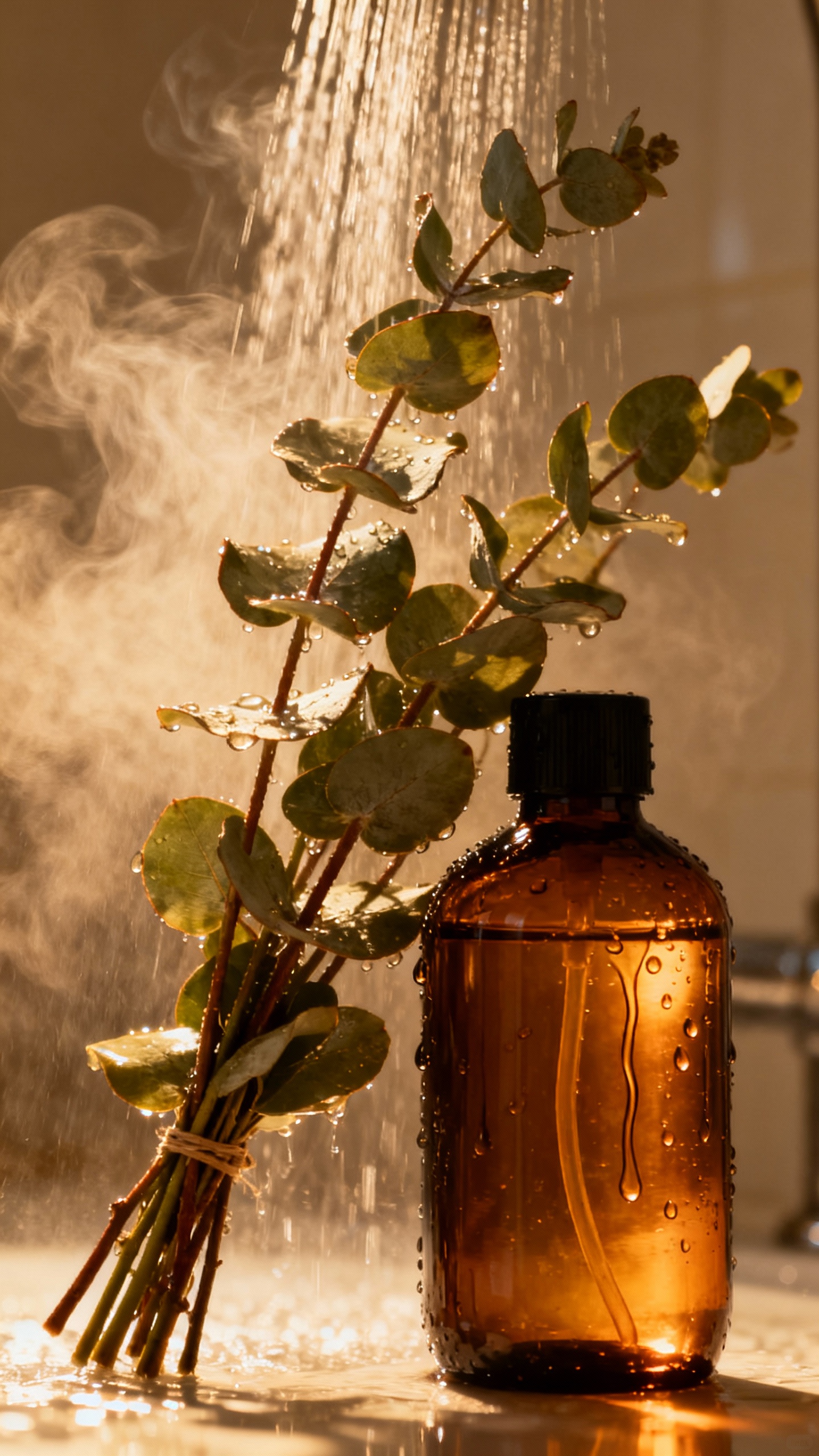 Eucalyptus bundle under hot shower, water droplets, amber body oil bottle