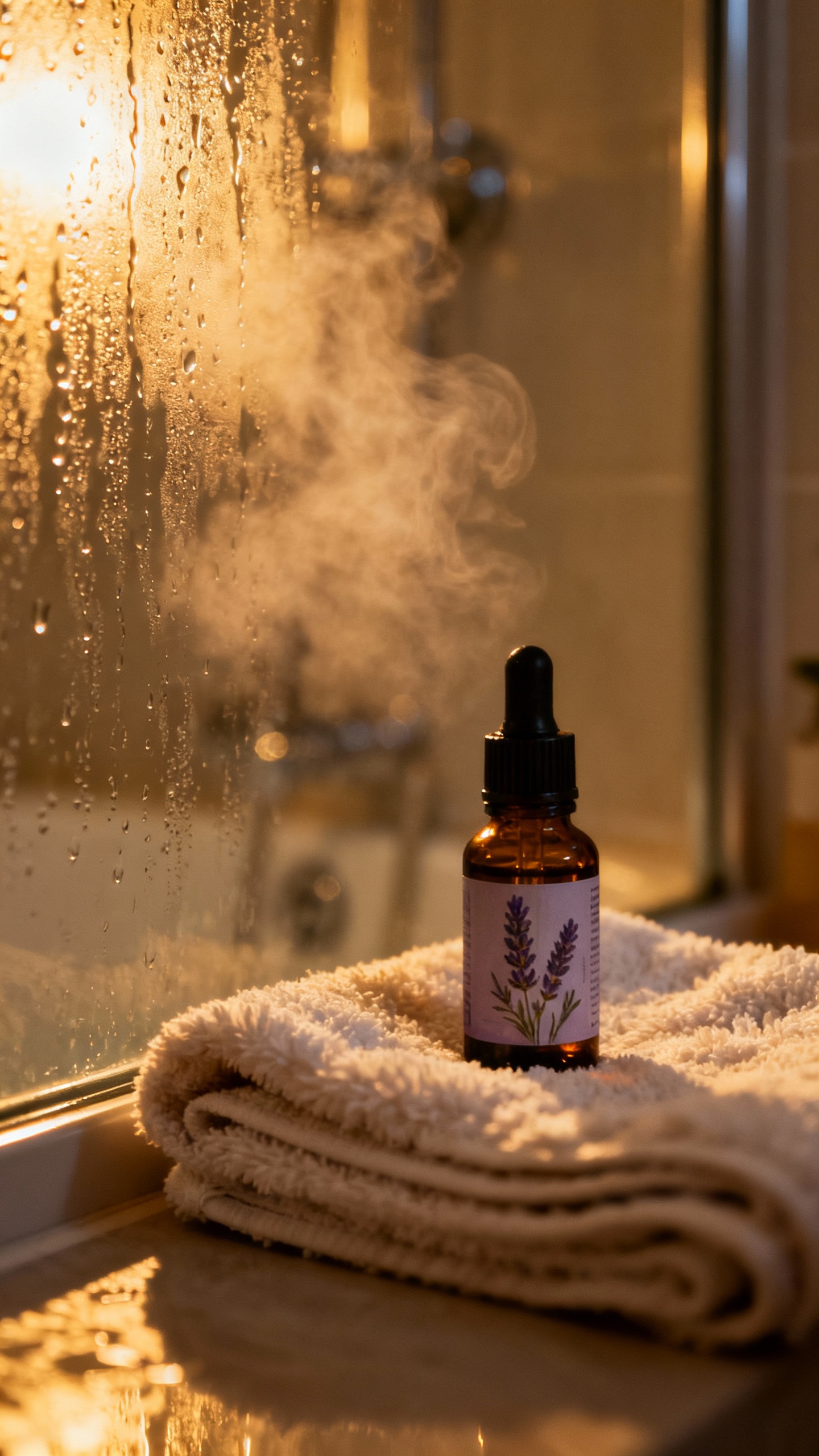 Evening bathroom closeup, steamy shower glass, lavender oil bottle dropper, folded cotton towel, dim
