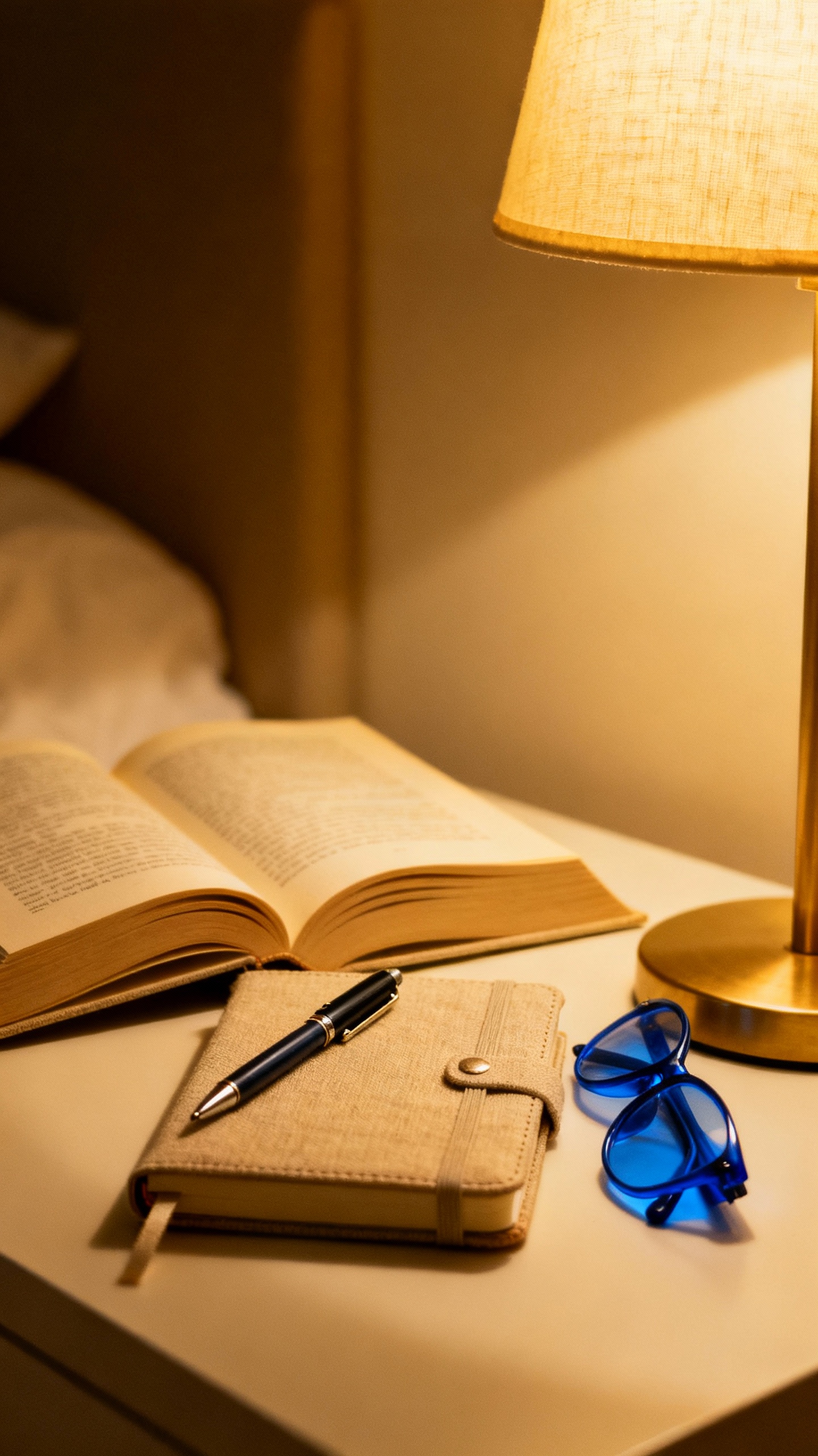 Evening bedside table closeup: open paperback, journal with pen, warm lamp, blue-light glasses folde