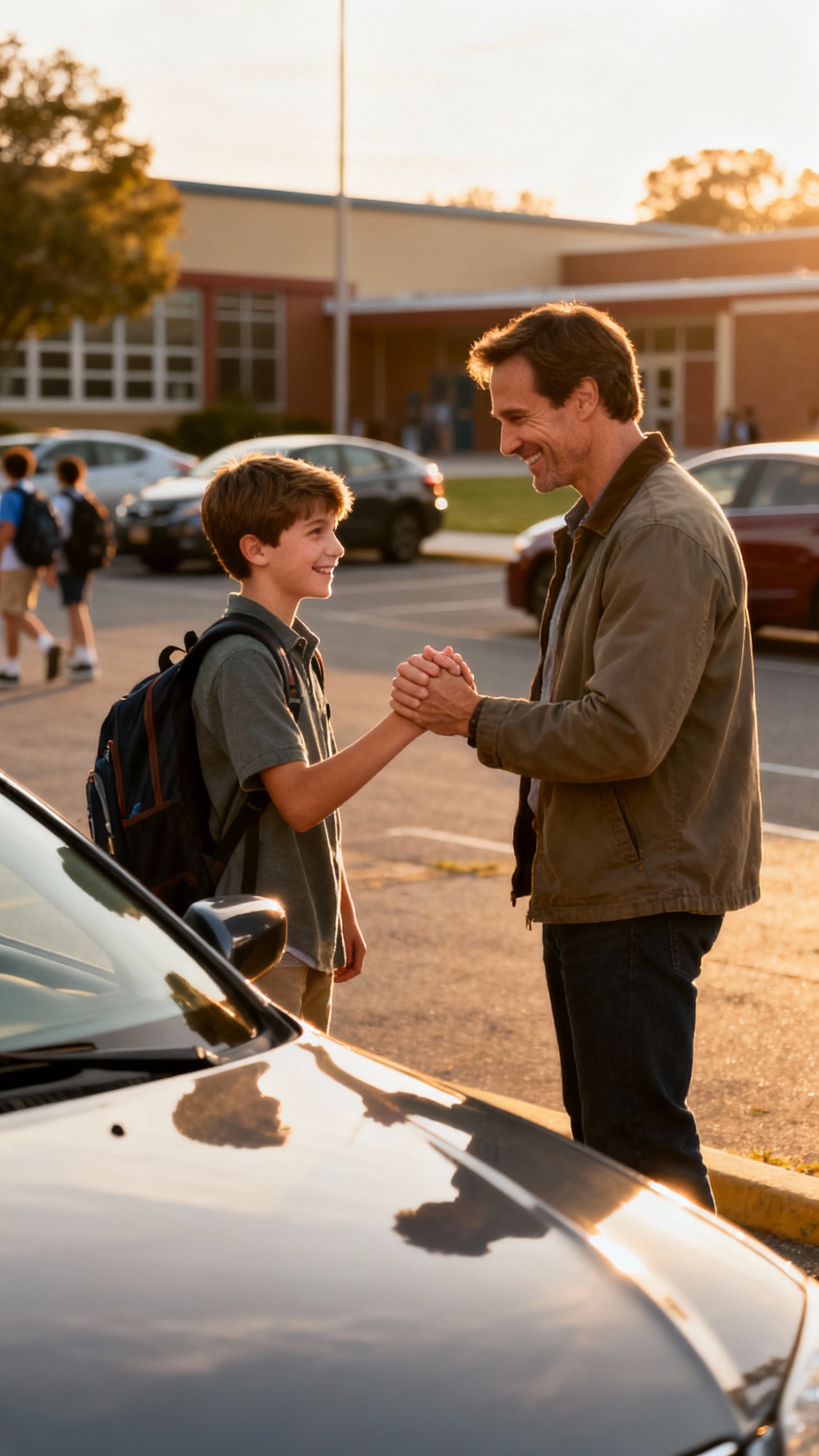 Father and tween doing secret handshake at school drop-off
