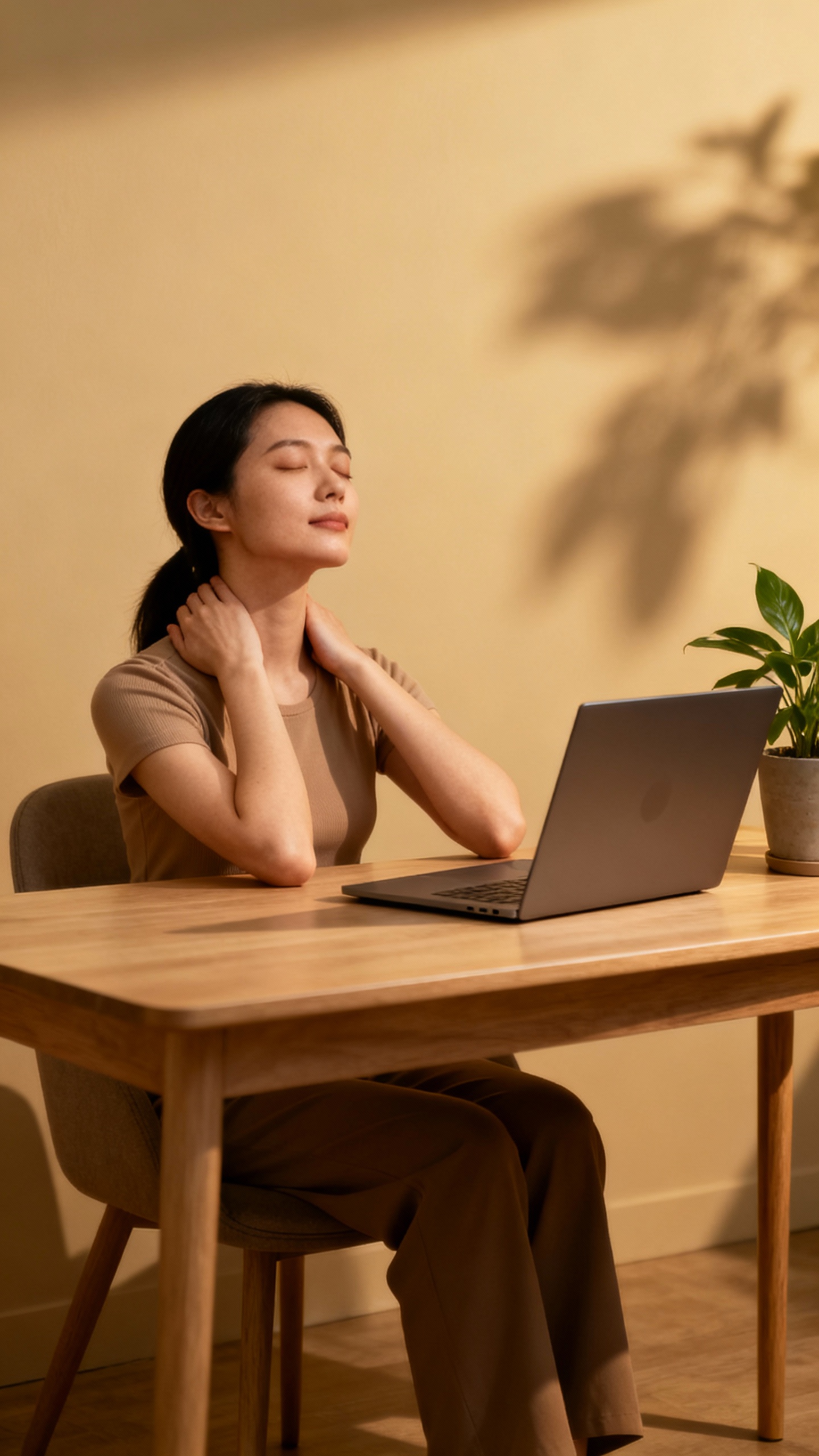Female doing gentle neck roll at desk, shoulders relaxed, brow softened, minimalist workspace, warm 