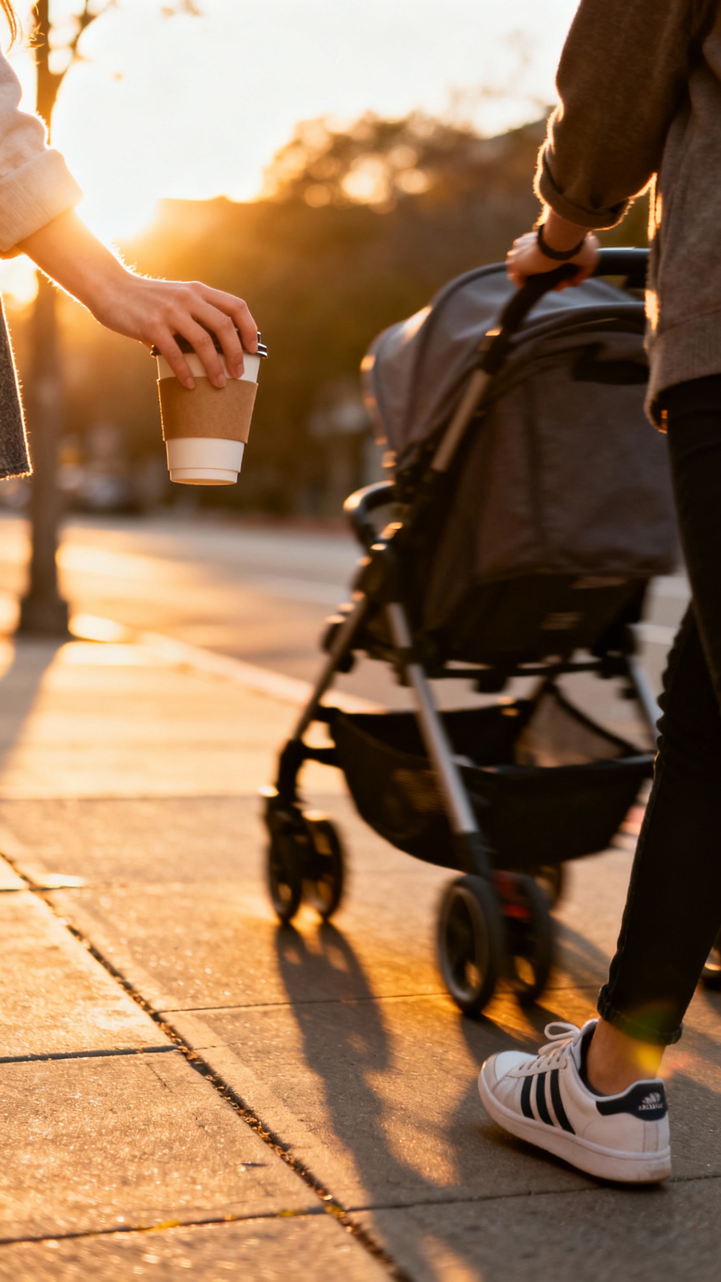 Female hand holding coffee on stroller walk, sunrise sidewalk, sneakers visible