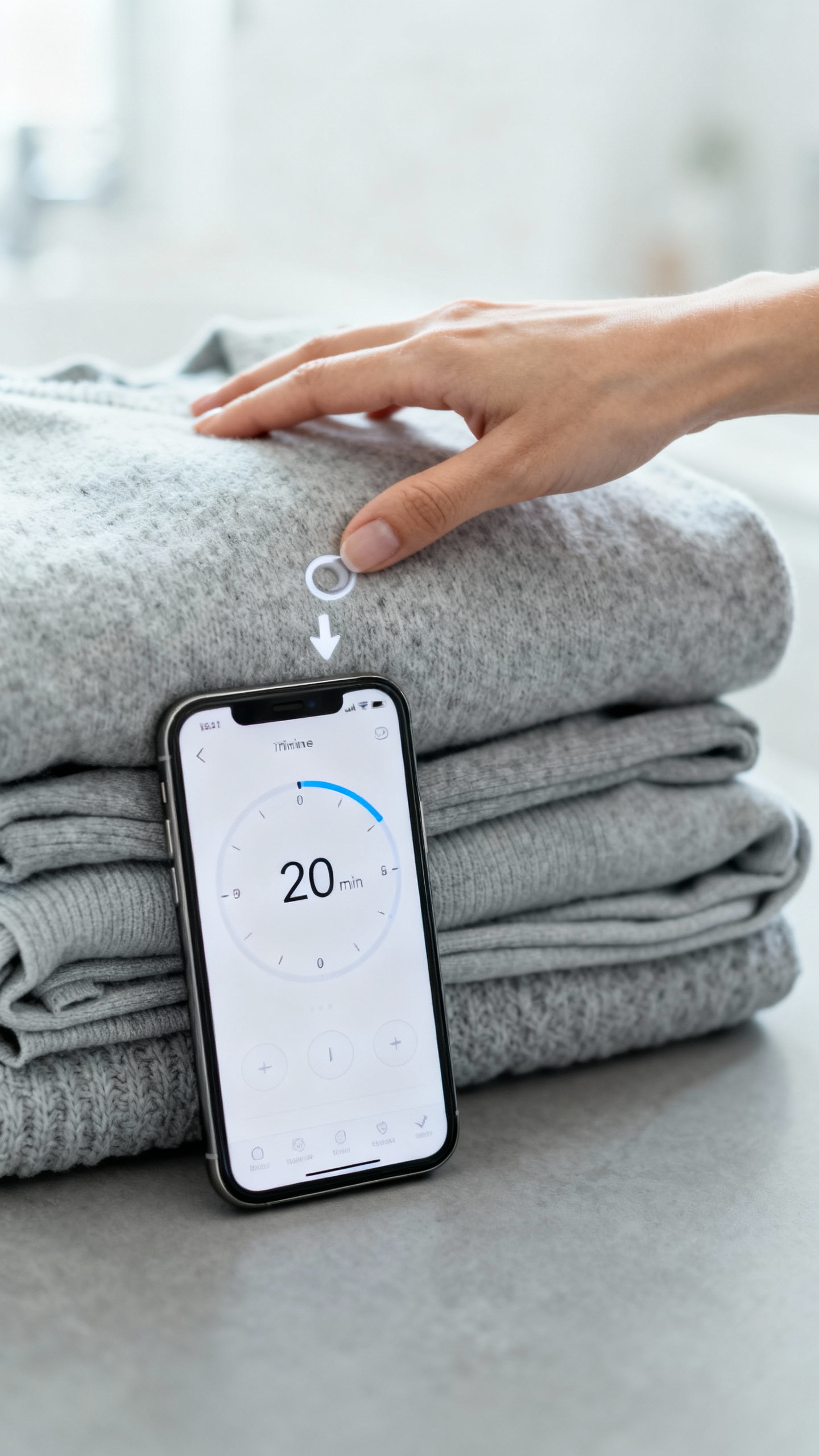 Female hand setting 20-minute timer on smartphone beside folded laundry stack, soft gray textures