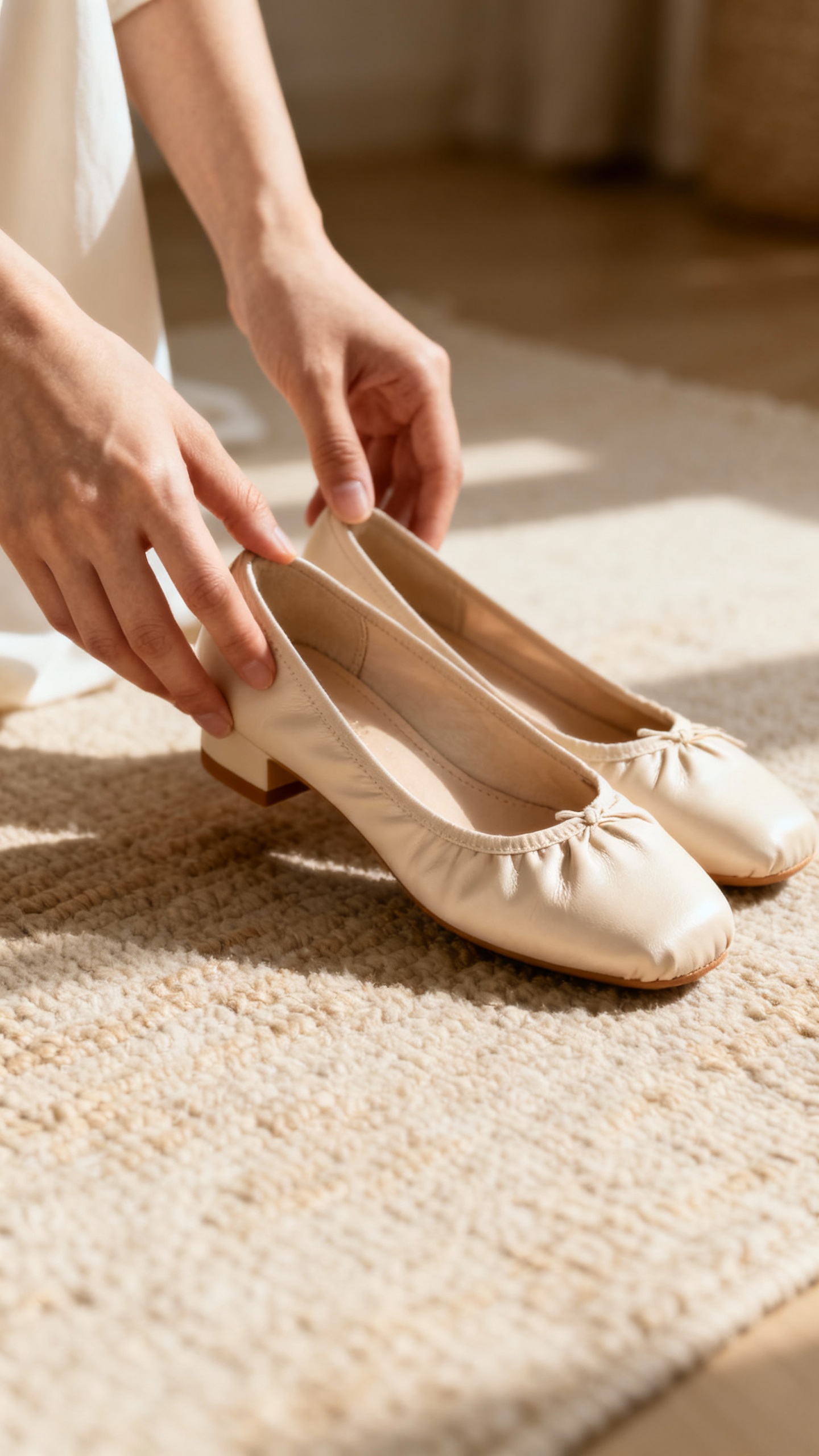 Female hands adjusting bone ballet flats on oat rug