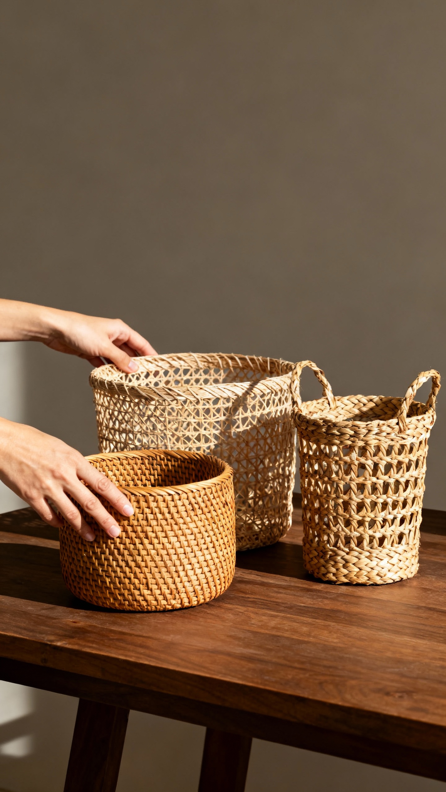 Female hands arranging three baskets: keep, relocate, out, woven textures