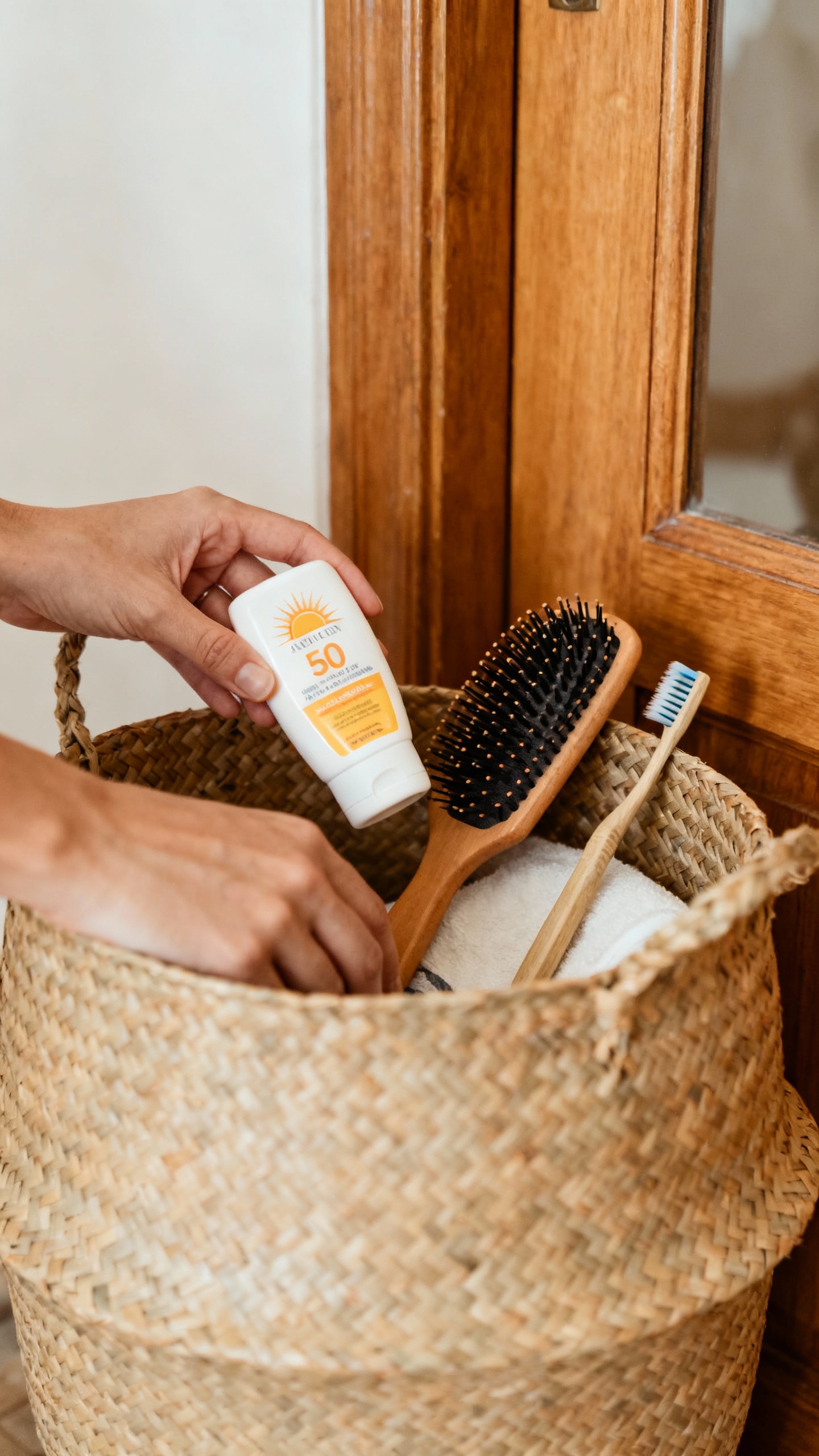 Female hands placing sunscreen, hairbrush, toothbrush in basket by door
