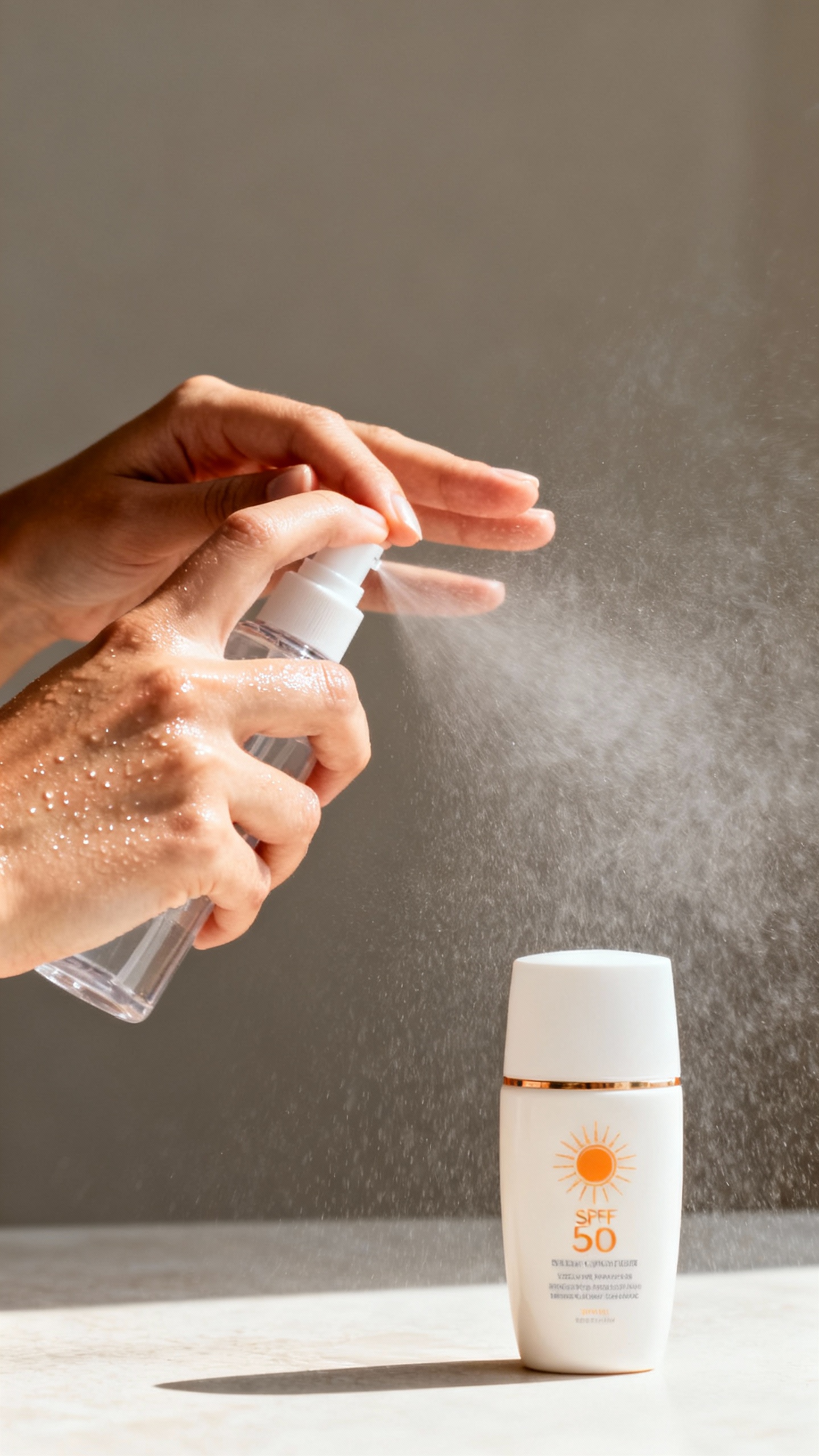 Female hands pressing hydrating mist into dewy skin, SPF nearby