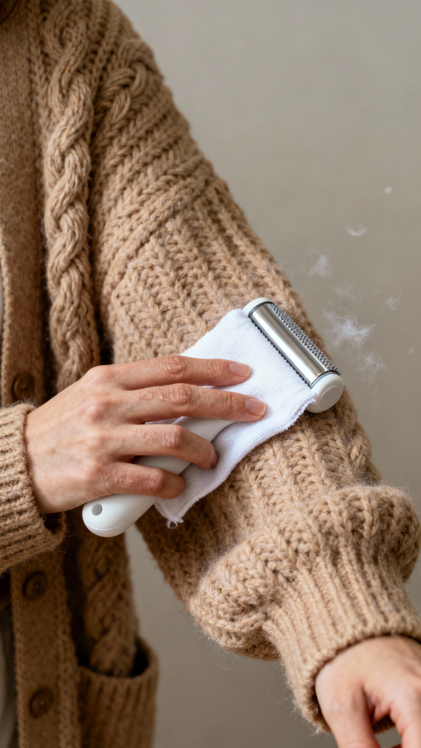 Female hands using fabric shaver on chunky cardigan sleeve
