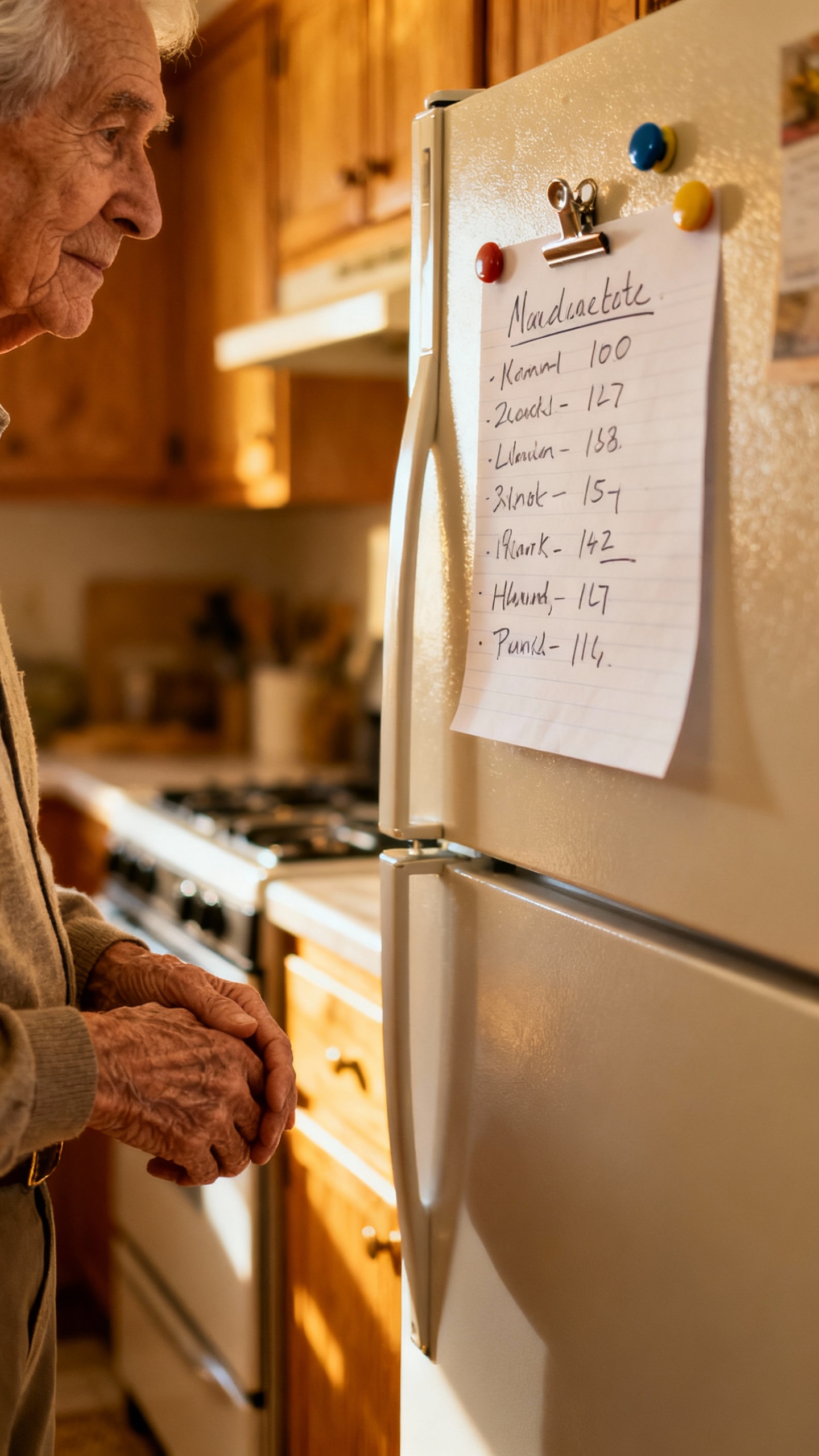 Fridge with magnet-clipped written routine, grandparents’ hands nearby, warm kitchen