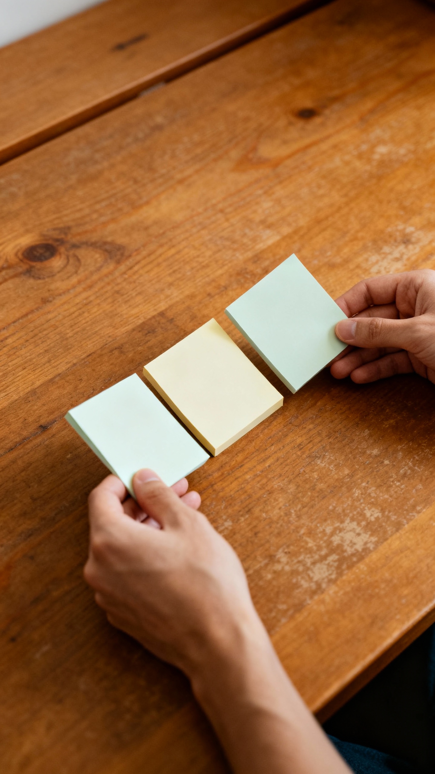 Hands holding sticky notes: intent, benefit, request on wooden desk