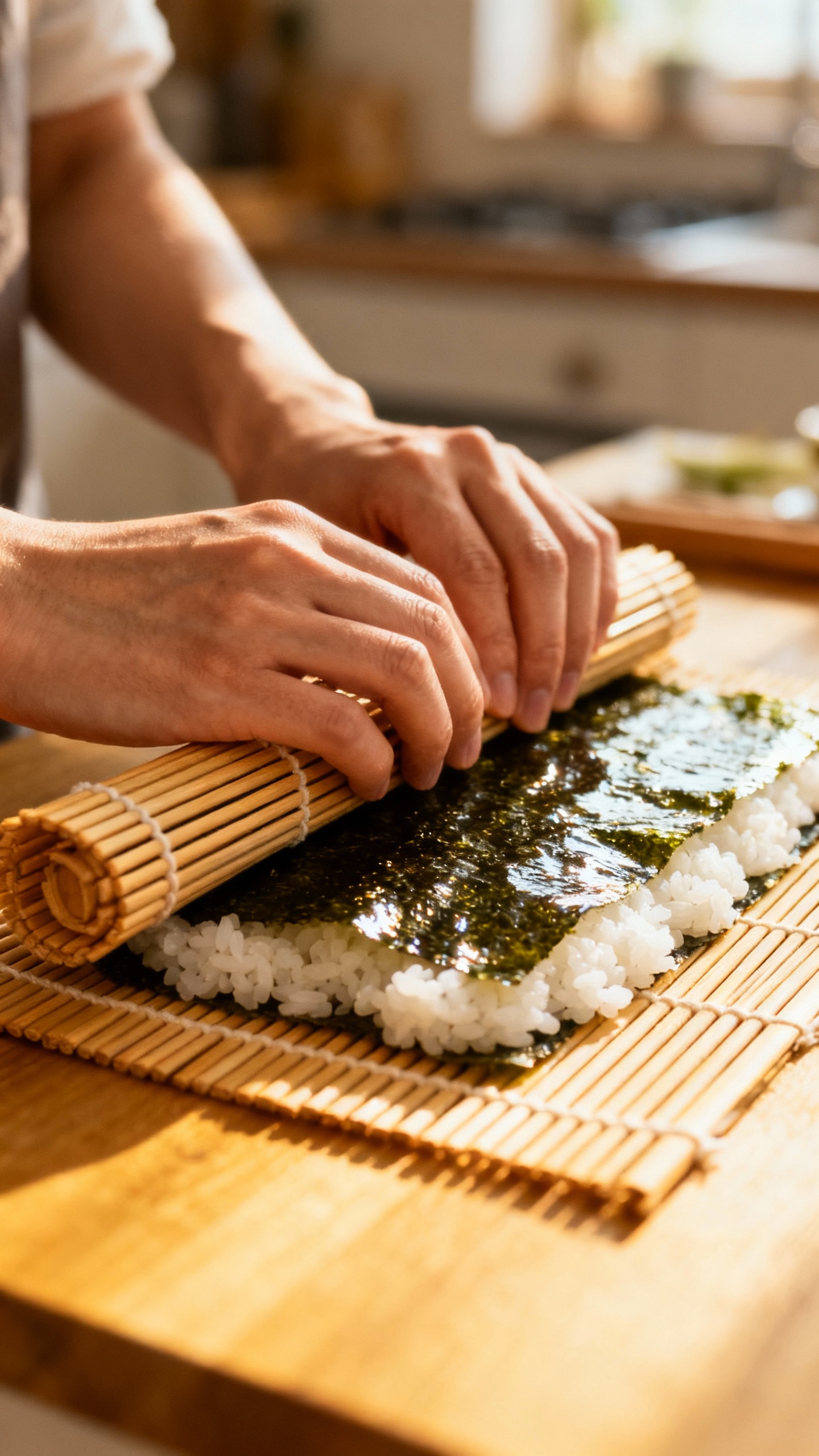 Hands rolling sushi at home, bamboo mat, glossy nori, white rice