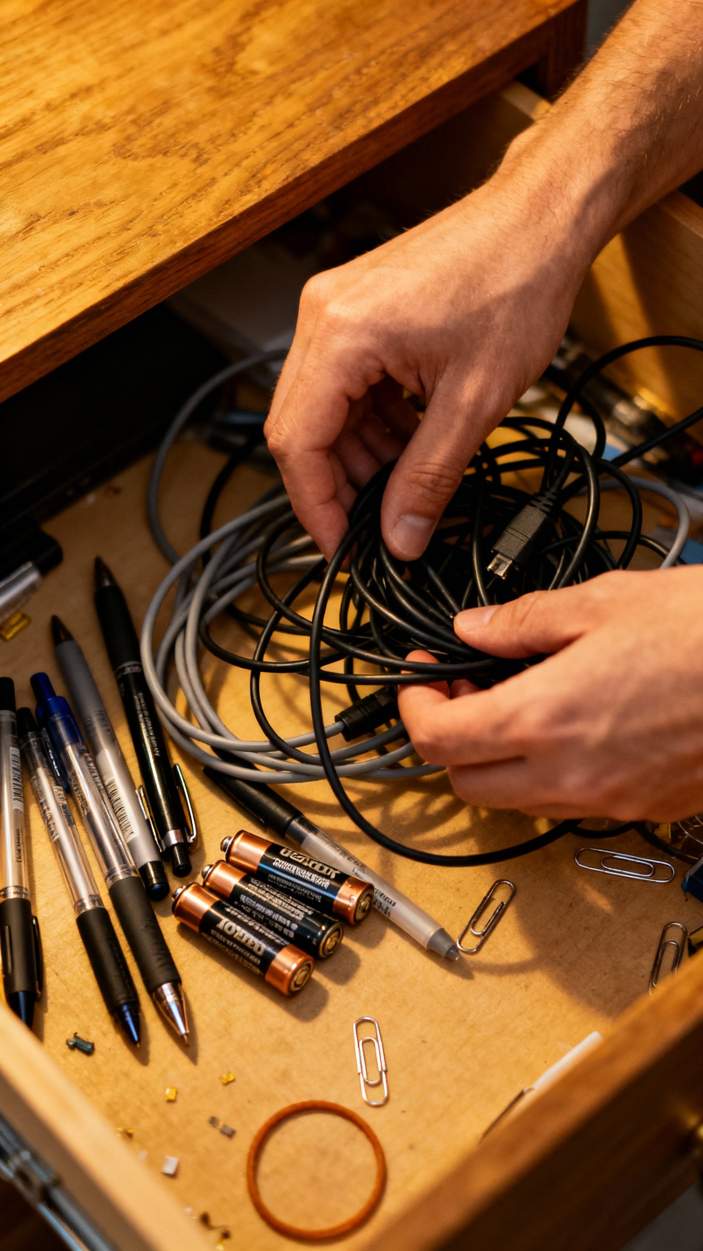 Hands sorting tangled cables, dead batteries, and pens in junk drawer
