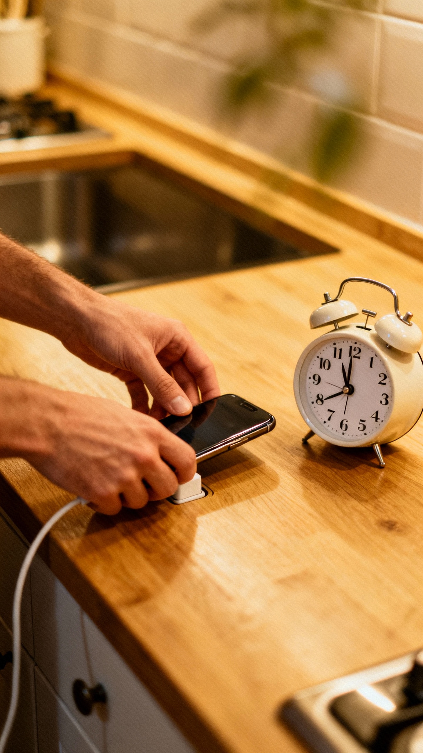 Hands unplugging phone, placing it on kitchen counter, $12 analog alarm clock nearby
