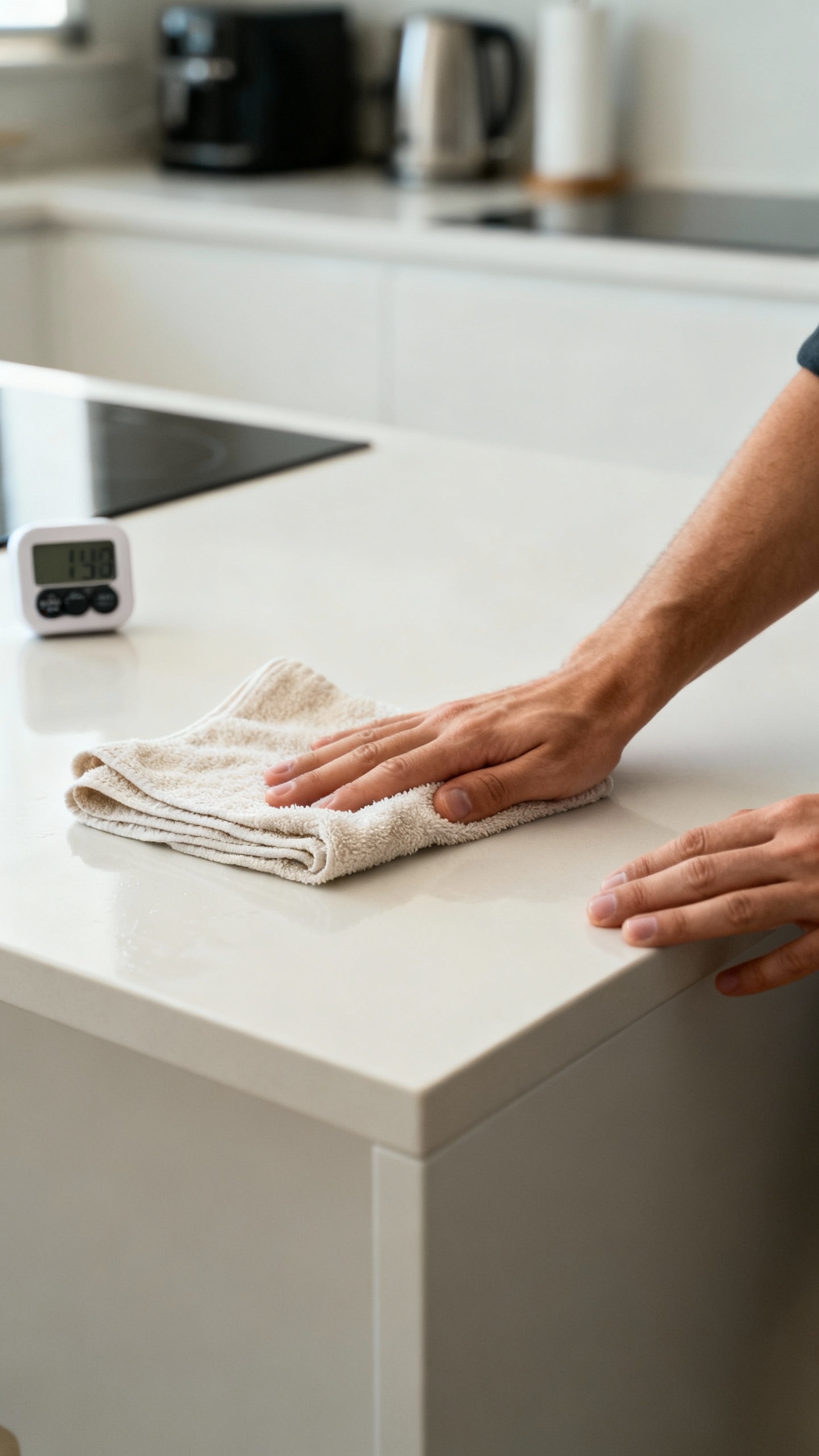 Hands wiping kitchen island with microfiber cloth, timer visible, minimal appliances