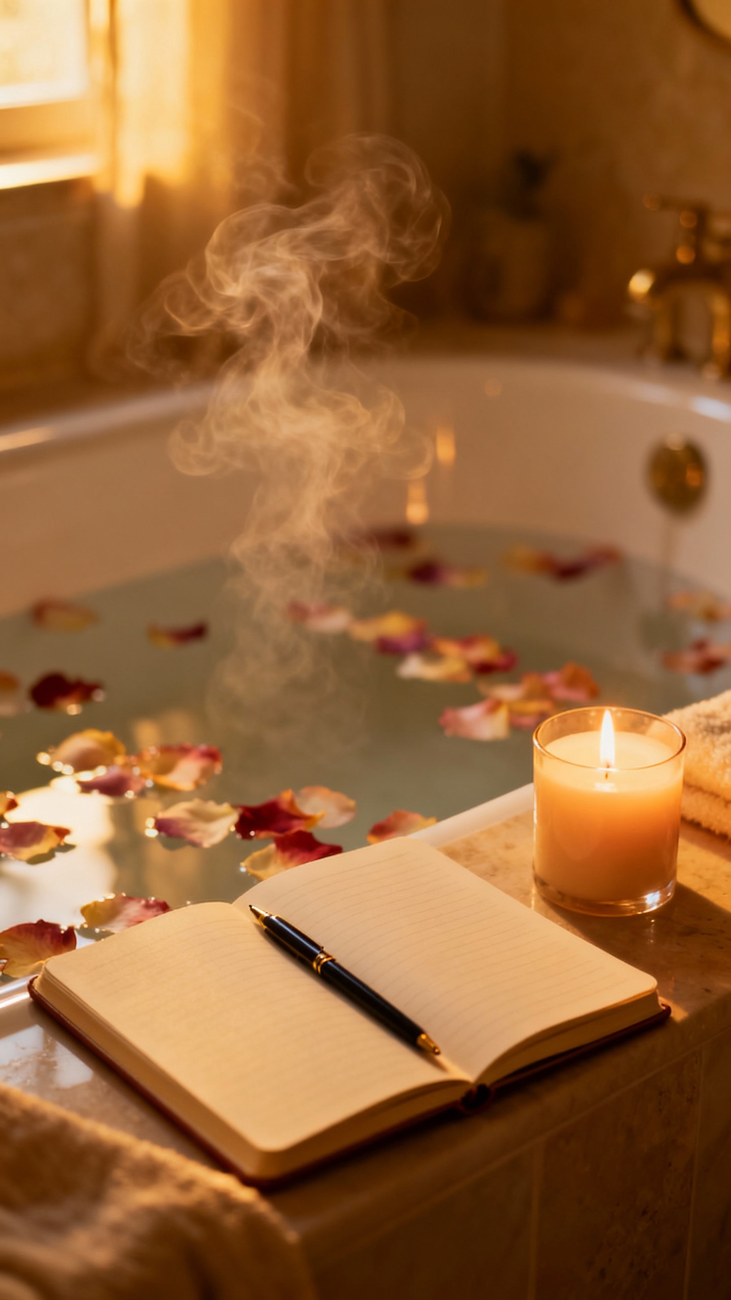Journal, pen, and lit candle beside bath with floating petals, soft steam