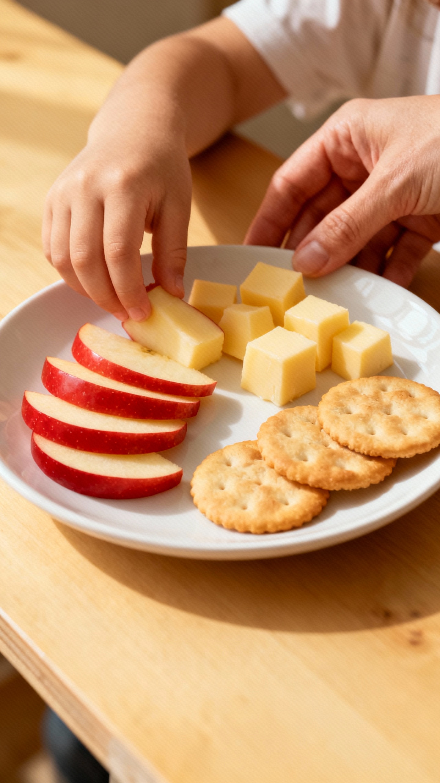 Kid and mom hands placing apple slices, cheese, crackers on white plate