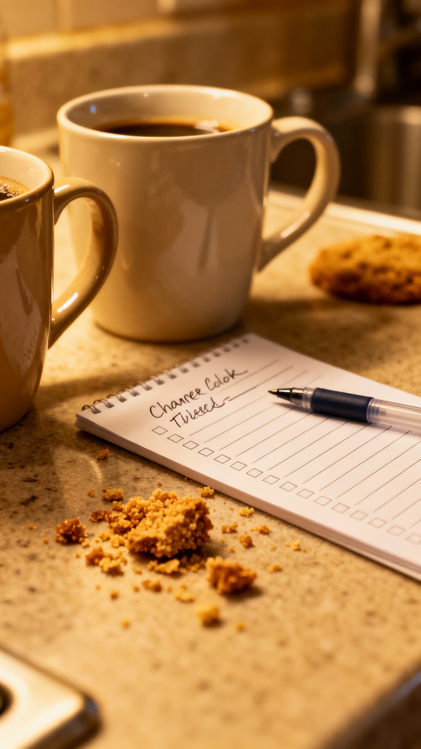 Kitchen counter closeup: coffee mugs, shared checklist, pen, crumbs