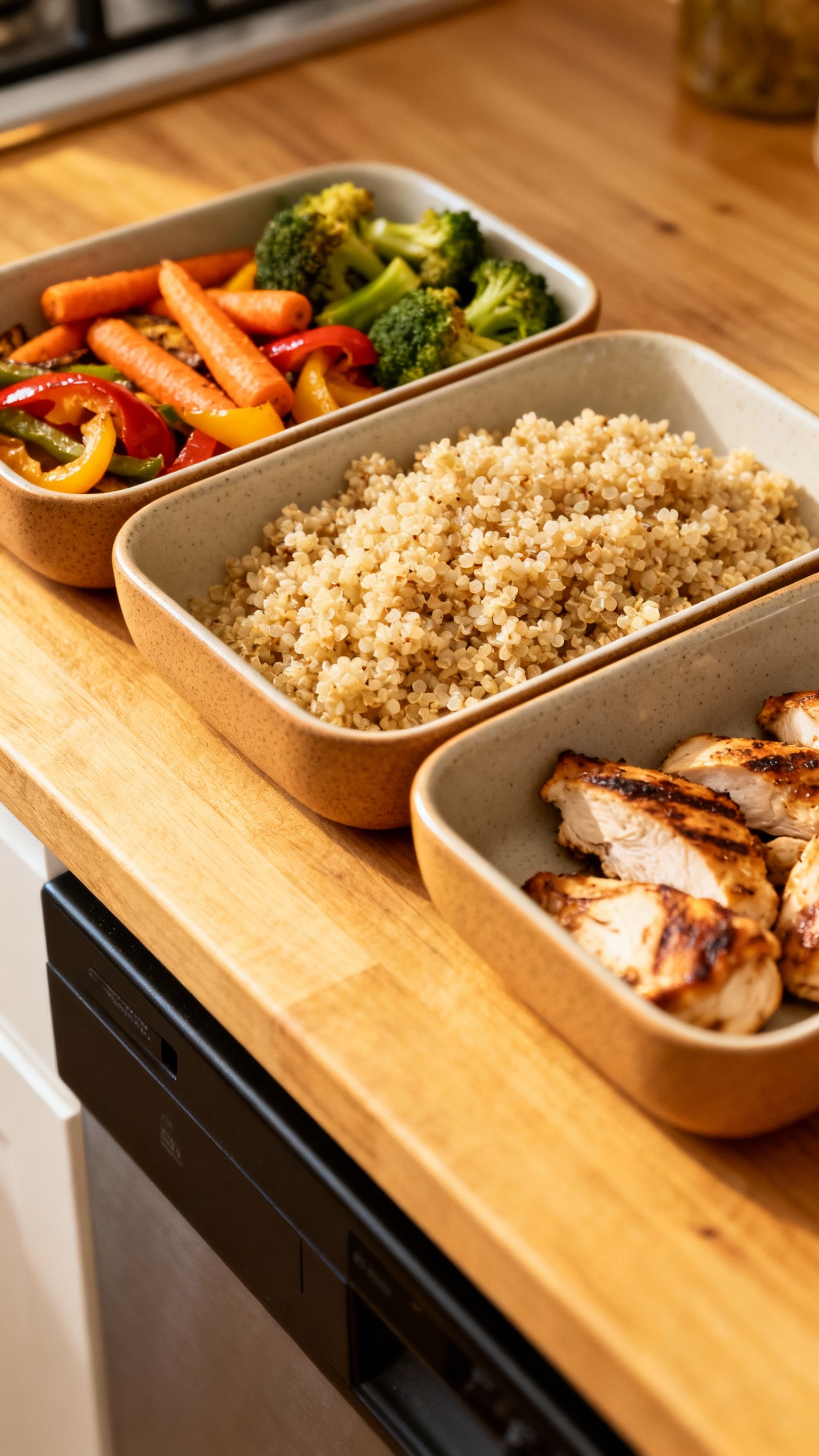 Kitchen counter meal prep: roast veggies, quinoa, grilled chicken trays