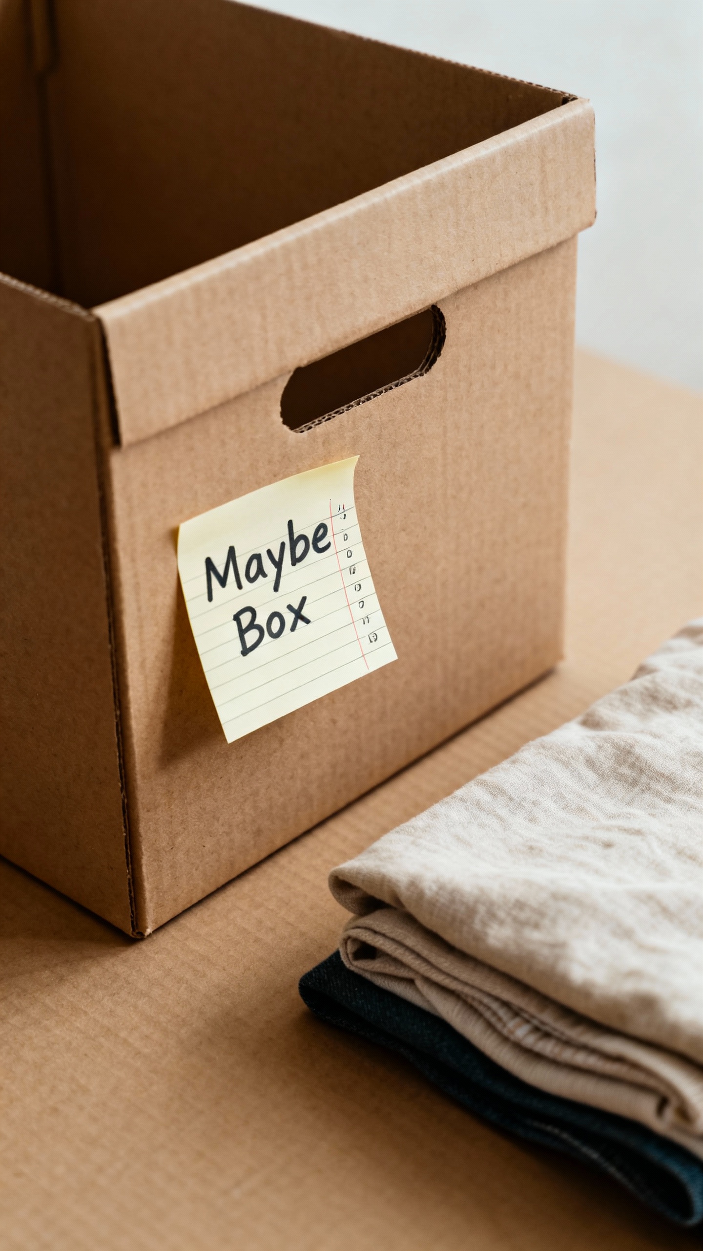 Labeled “Maybe Box” cardboard container with dated sticky note, folded clothes nearby