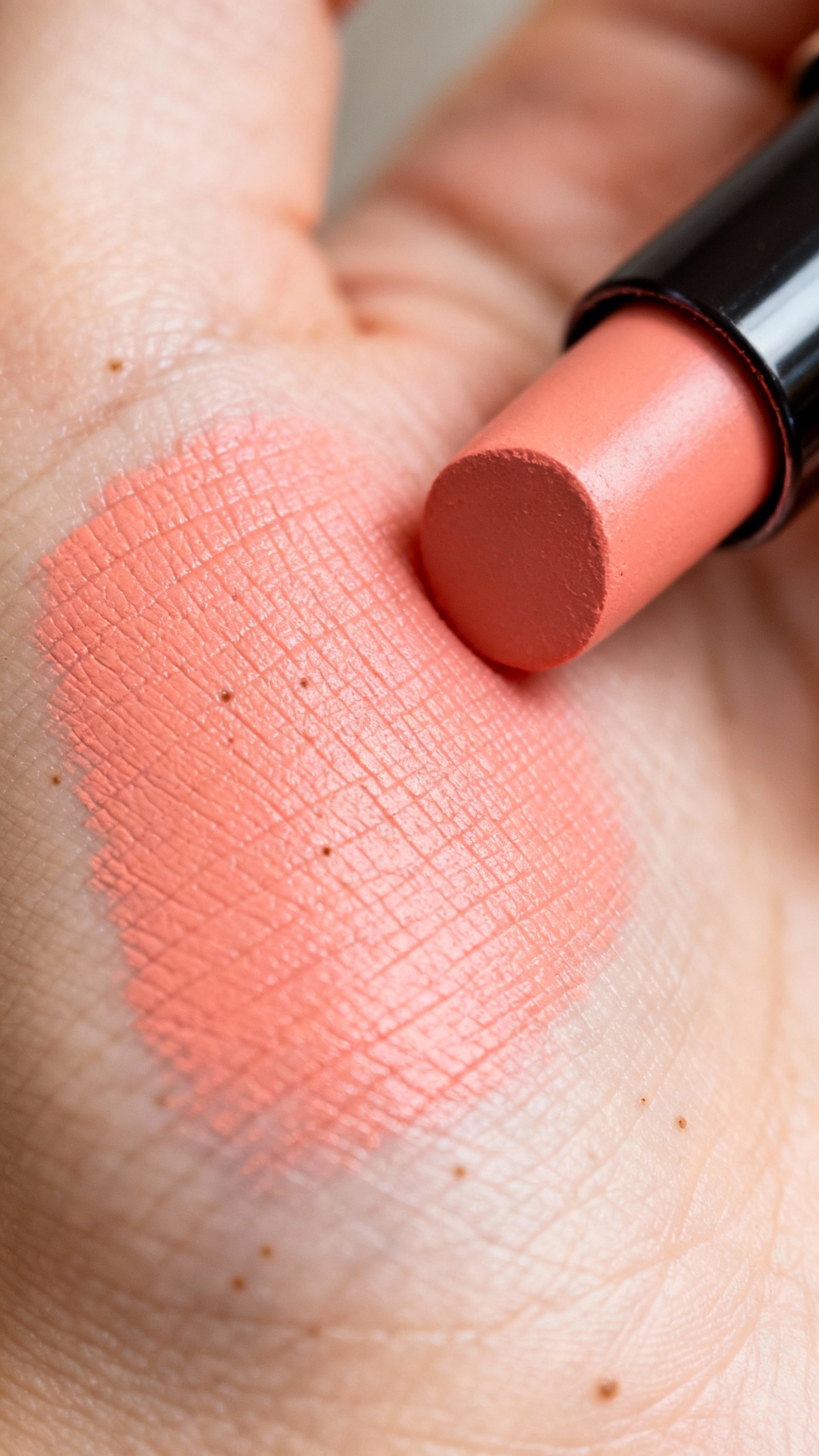 Macro shot of cream blush stick swiped across cheek, soft coral hue, natural pores visible