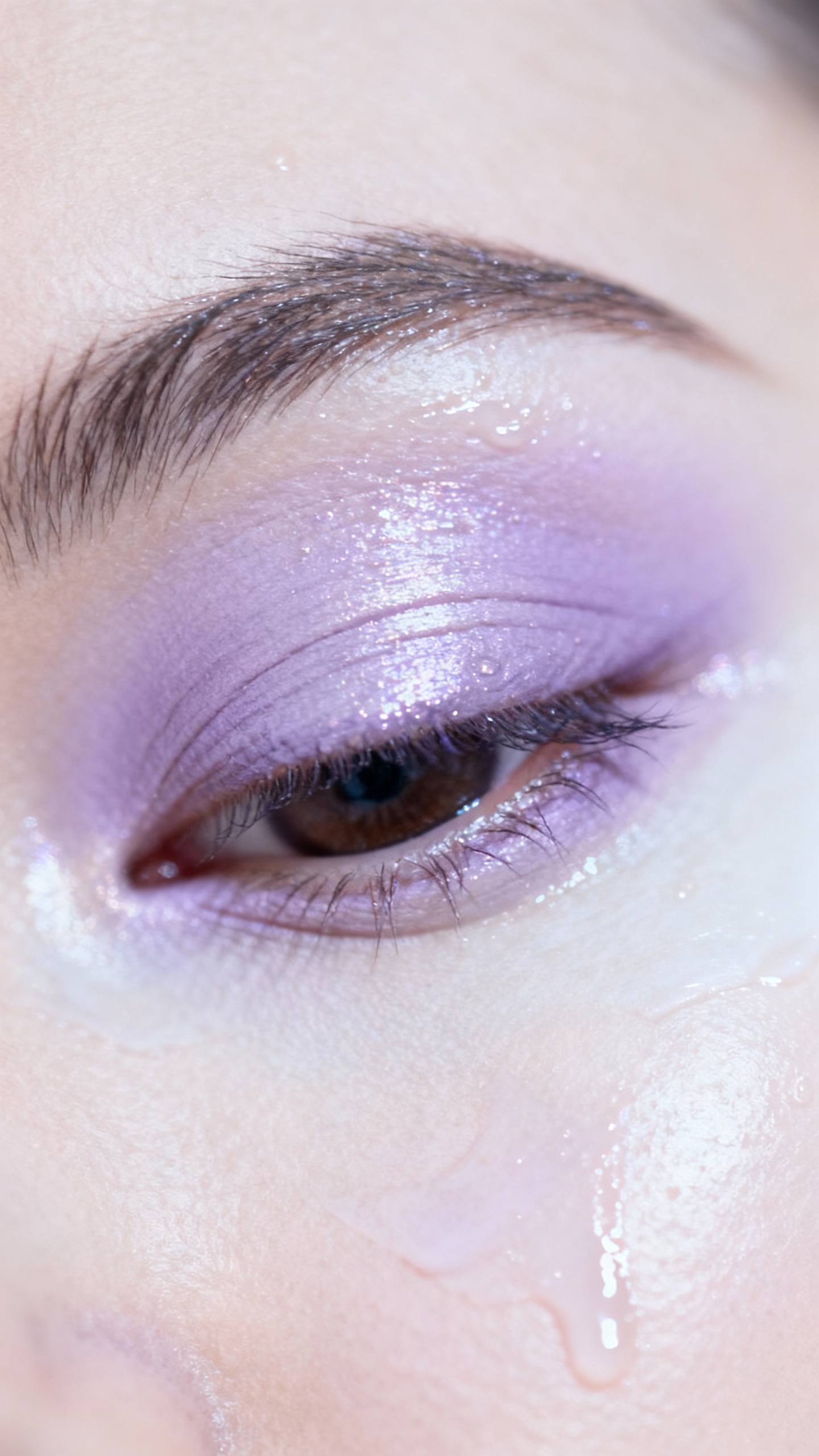 Macro shot of dewy glossy eyelid with lavender cream shadow