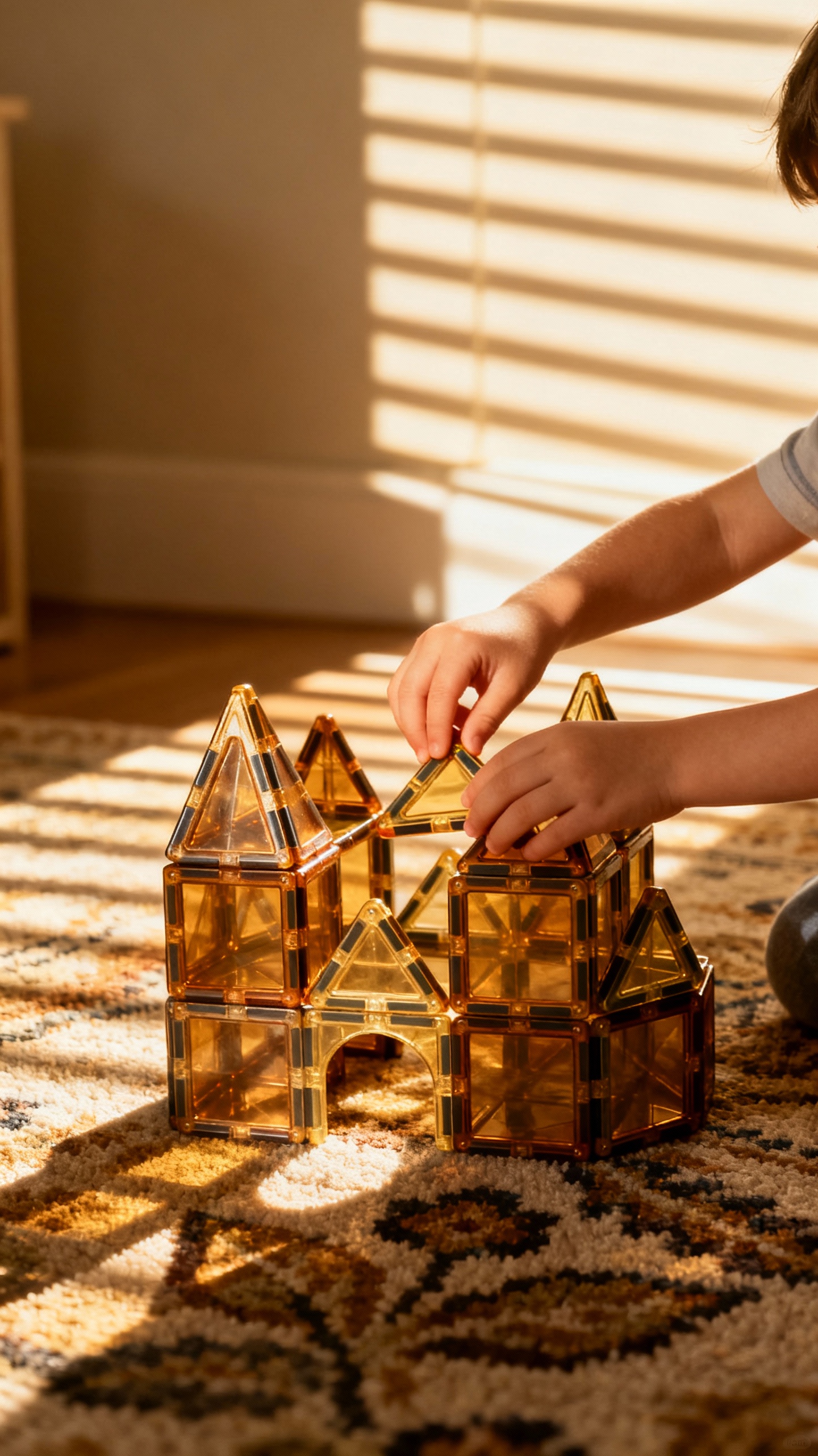 Magnetic tiles castle on carpet during quiet time, preschooler’s small hands, warm afternoon sun t